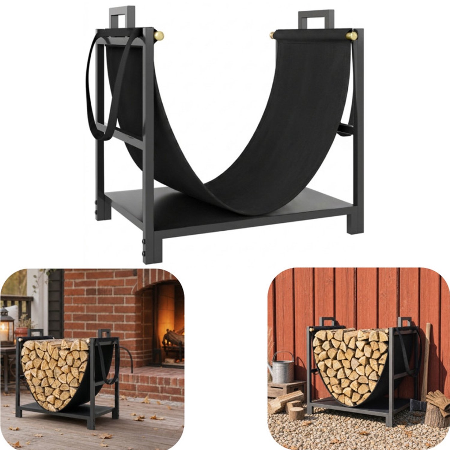 Houtopslag - Rek - metalen opbergrek - houtopslagrek - brandhoutopslagrek - met draagtas - grote capaciteit - verhoogde bodem - compacte opslag - opberghulpmiddelen - geschikt voor tuin, open haard, brandhout (zwart, 47,5*44 cm)
