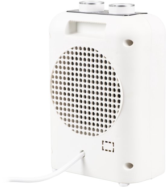 Achterzijde van de witte kachel met een rond ventilatierooster, een handgreep en het netsnoer.