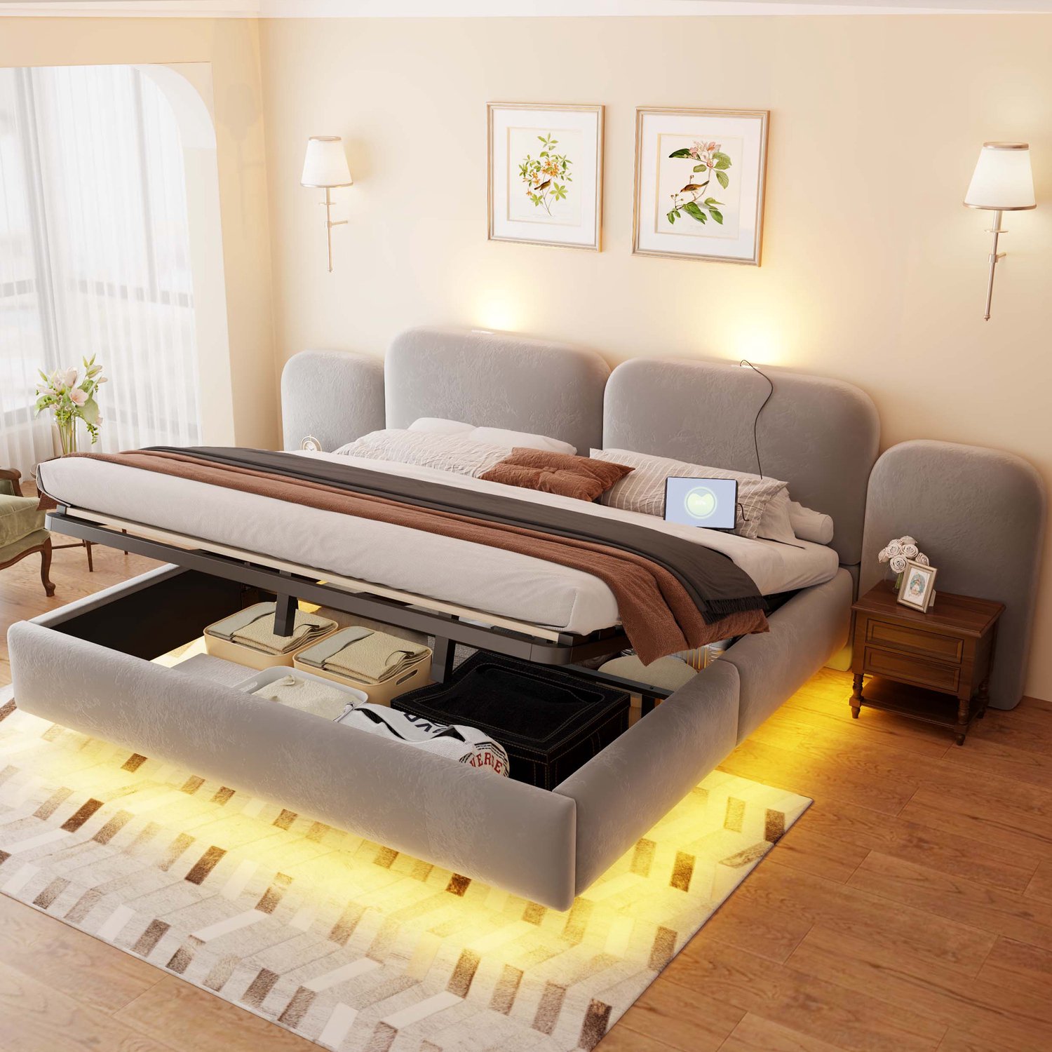 Merax 180x200 cm gestoffeerd bed - met opbergruimte - LED-verlichting - met oplaadpoort - groot hoofdeinde - grijs - zonder matras