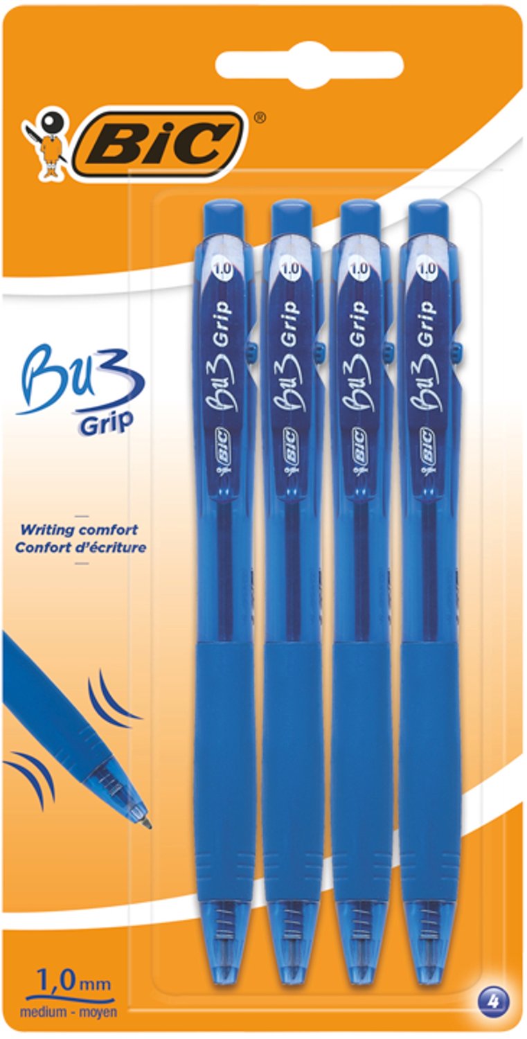 BIC Bu3 Grip Blauwe Automatische Pennen - 4 Stuks