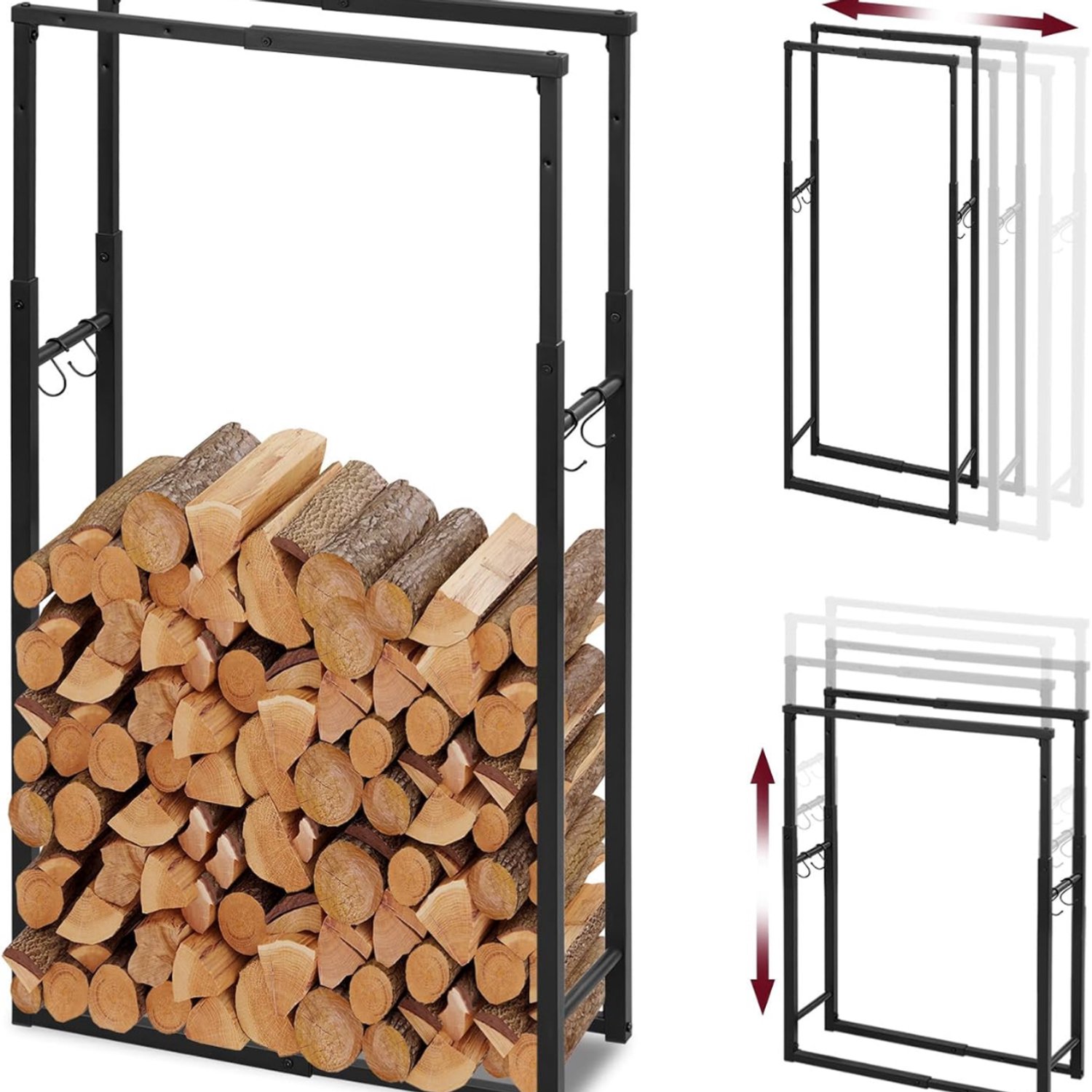 Levo® Houtrek – Houtopslag – Verstelbaar in 9 Maten - Brandhoutrek - Haardhout - Opslag – Rek Voor Binnen - en Buiten – Brandhout – Metaal - Zwart - 25cm x 65cm x 150cm