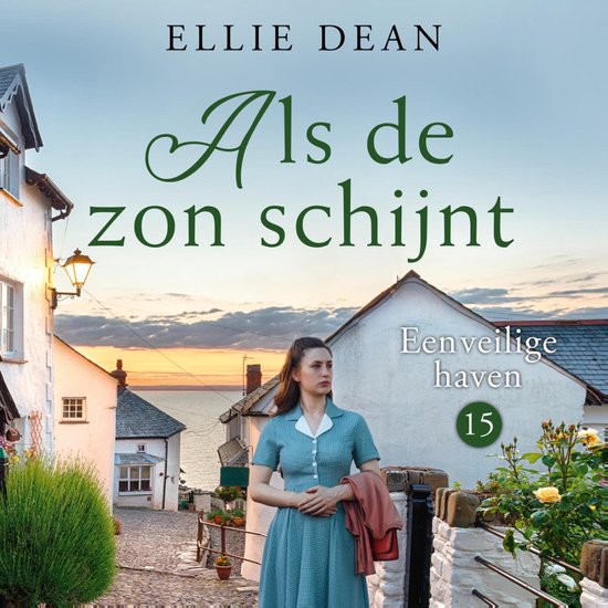 Vrouw in vintage jurk voor wit kusthuisje bij zonsondergang, cover van boek 15 'Als de zon schijnt' door Ellie Dean.