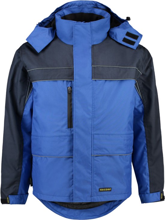 Blauwe Tricorp parka met donkerblauwe mouwen, grijze banden op borst en heupen, capuchon.