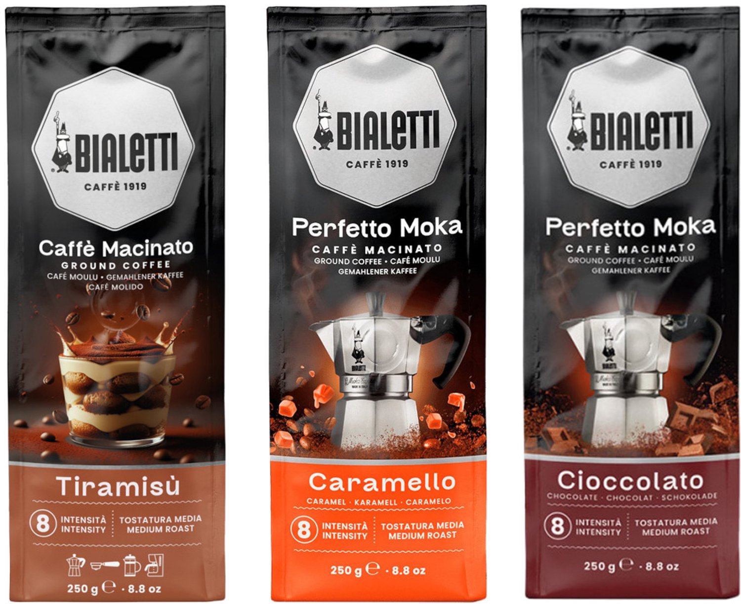 Bialetti Perfetto Moka Cioccolato Tiramisu Caramello - Mixverpakking - Gemalen Koffie - 750g (3x250g)