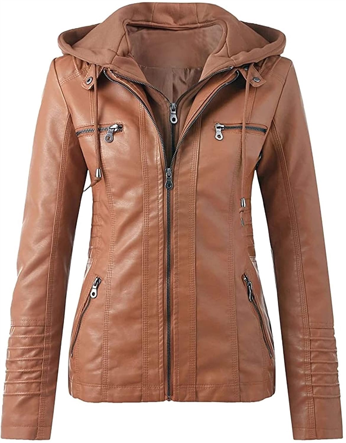 leren jas Hooded Faux Leather Jacket met rits Overgangs Vrouwen Bovenkleding Warm Thicken Motorcycle Jacket