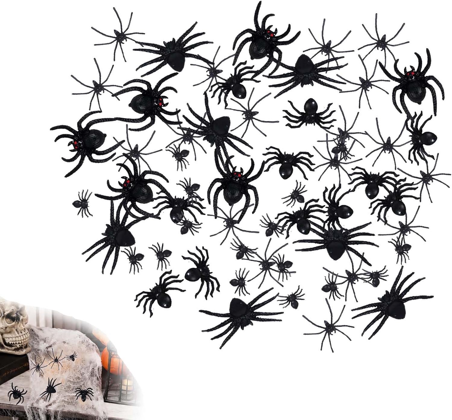 50 stuks plastic spinnen voor Halloween-decoratie, griezelige spin voor Halloween, kunststof, spookhuis, Halloween-decoratie of themafeest