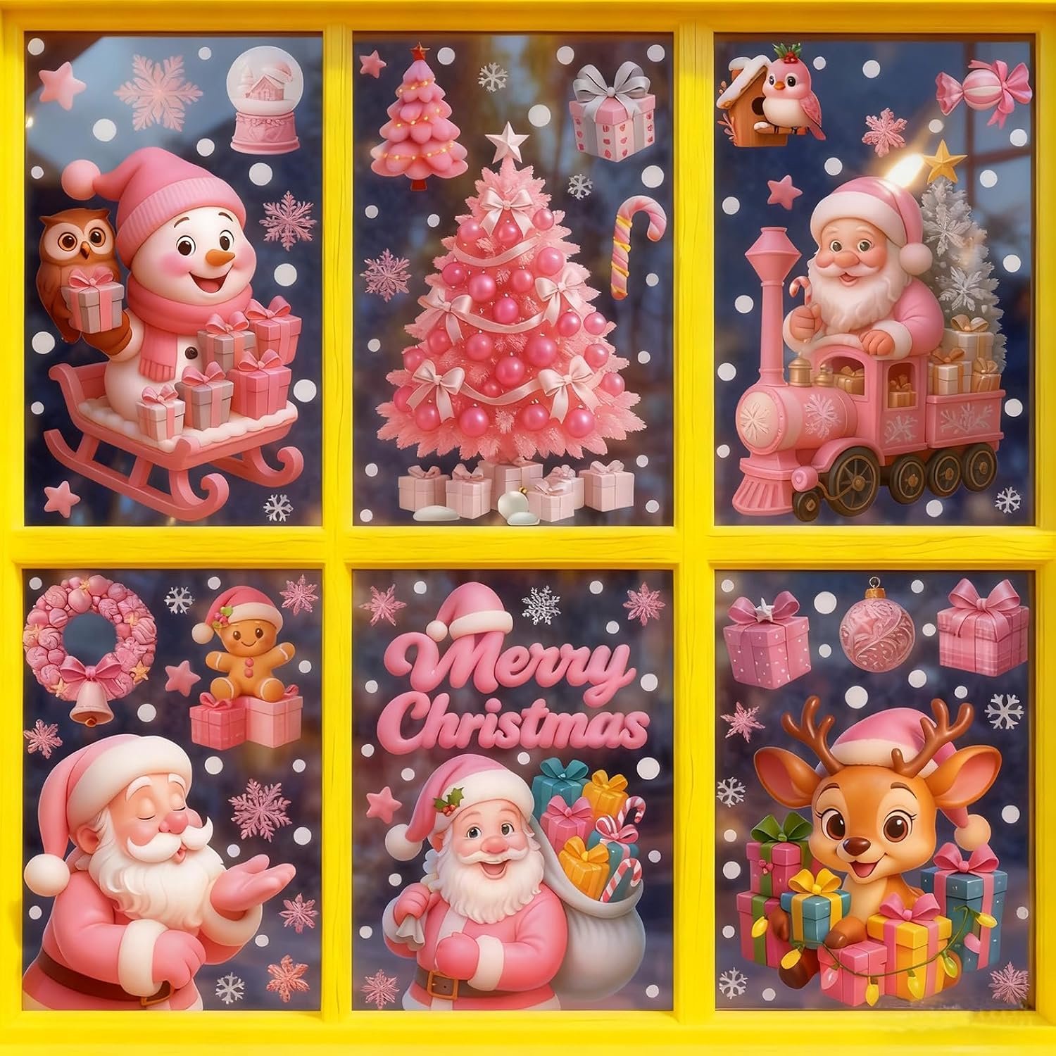 Raamstickers voor Glas, 6 Vellen Verwijderbare Statische Klampt Vrolijk Xmas Venster Sticker, Roze Kerst Decoraties Decal Indoor Home Office School Glas Venster Decor