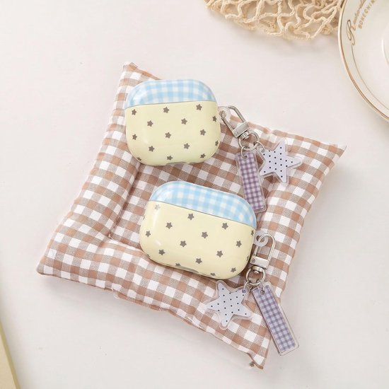 Hoes voor AirPods Pro 3 met reinigingsset, schattig retro ruitpatroon, esthetisch met ster sleutelhanger, zachte TPU stootvaste hoes voor AirPods 3 Pro, beige blauw ruitpatroon — afbeelding 5