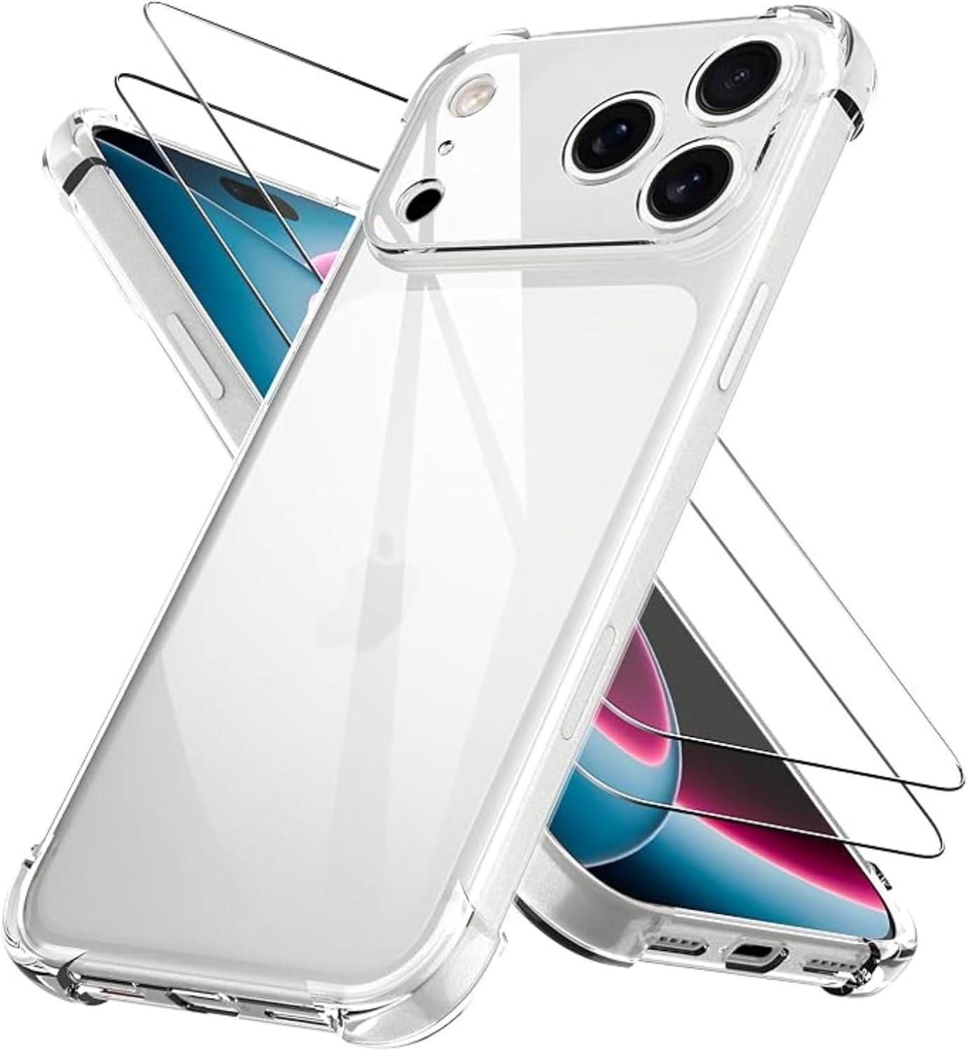 Hoesje voor iPhone 18 Pro Max Transparant Telefoonhoesje met 2 Screenprotectors, 1 Zachte TPU Cover met 2 Gehard Glazen Screenprotectors en Schokbestendige Hoekbeschermers