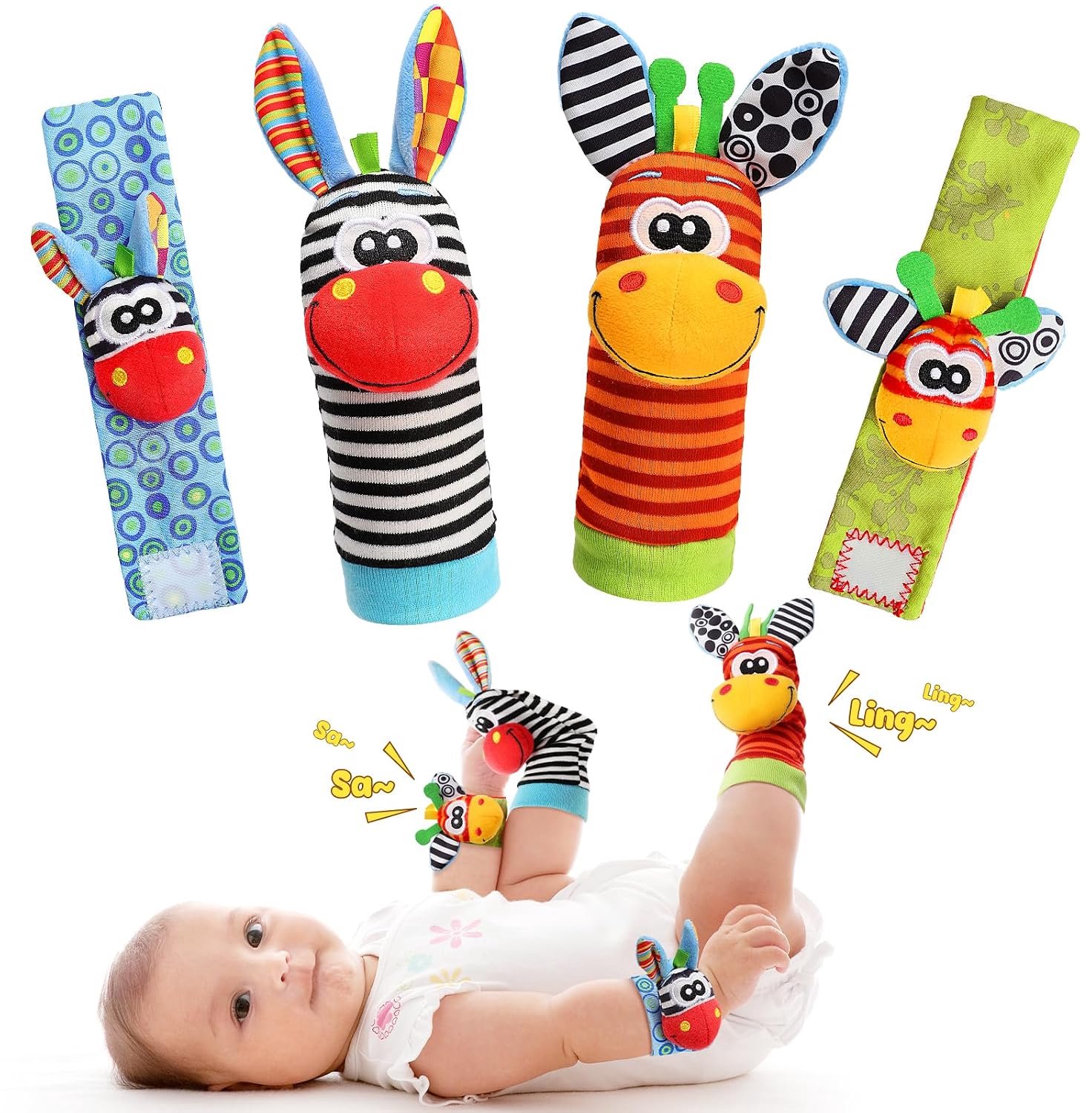 4 Stuks Baby Rammelaar Set, Pols- en Voetrammelaar Sokken en Armbanden, Sensory Speelgoed voor Baby 0 tot 24 Maanden, Kraamcadeau