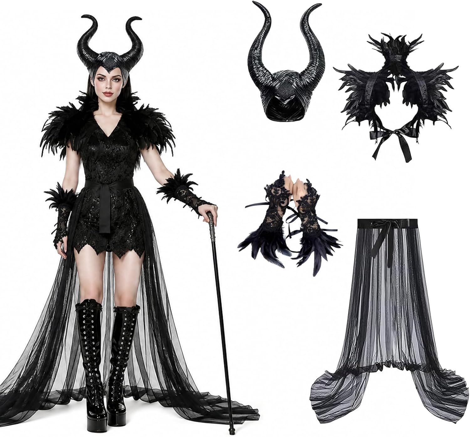 Cosplay, anime-kostuum met hoorns, gothic verencape, veermanchet en tule rok, duivelshoornkostuum voor dames, Halloween, carnaval, cosplay party