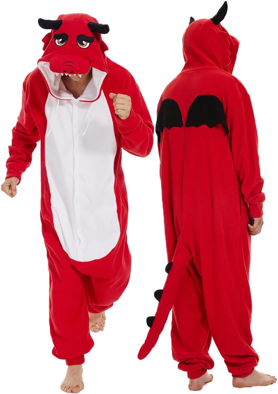 Dieren-drakenpyjama, uniseks, volwassenen, capuchon, mannen, vrouwen, overall, kostuum, cosplay, nachtkleding, rood, S