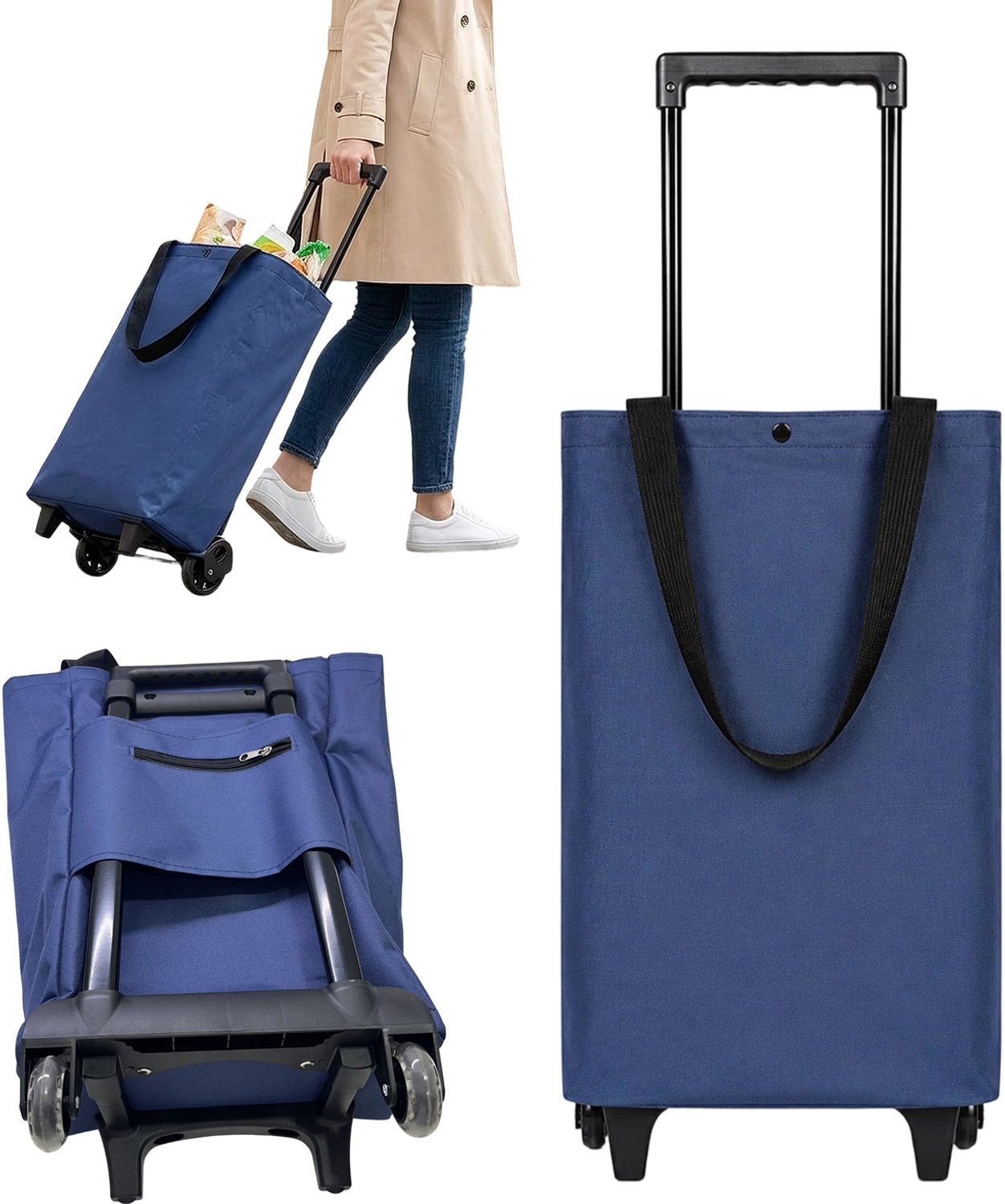 Boodschappentas op Wielen - Opvouwbare Shopping Trolley - Uitschuifbare Trekstang - Schoudertas met Anti-Diefstalrits - Blauw