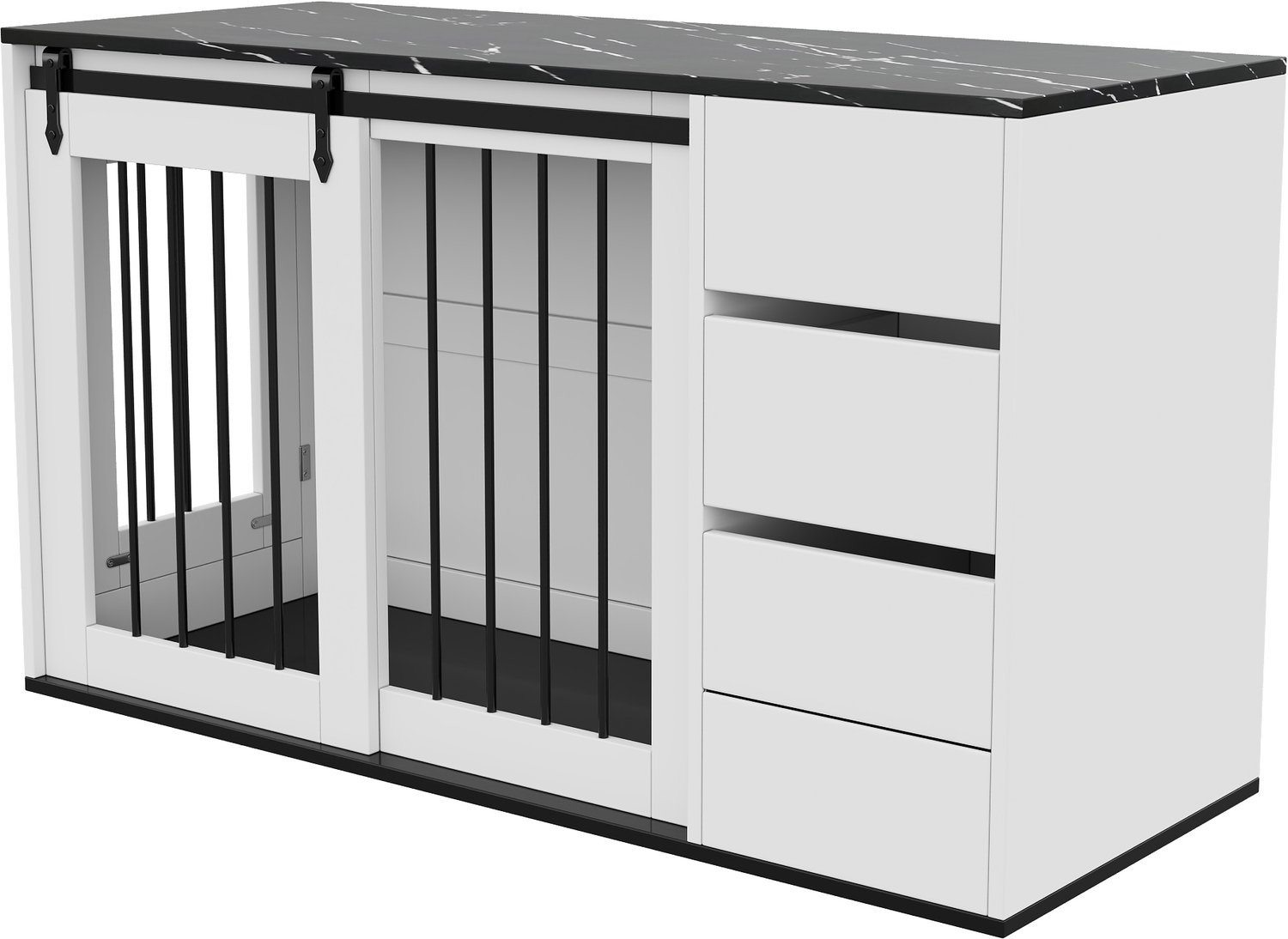 Hondenbench - 2-in-1 meubel met opbergruimte - Schuifdeur en zijdeur - Voor kleine tot middelgrote honden - Wit MDF en zwart metaal