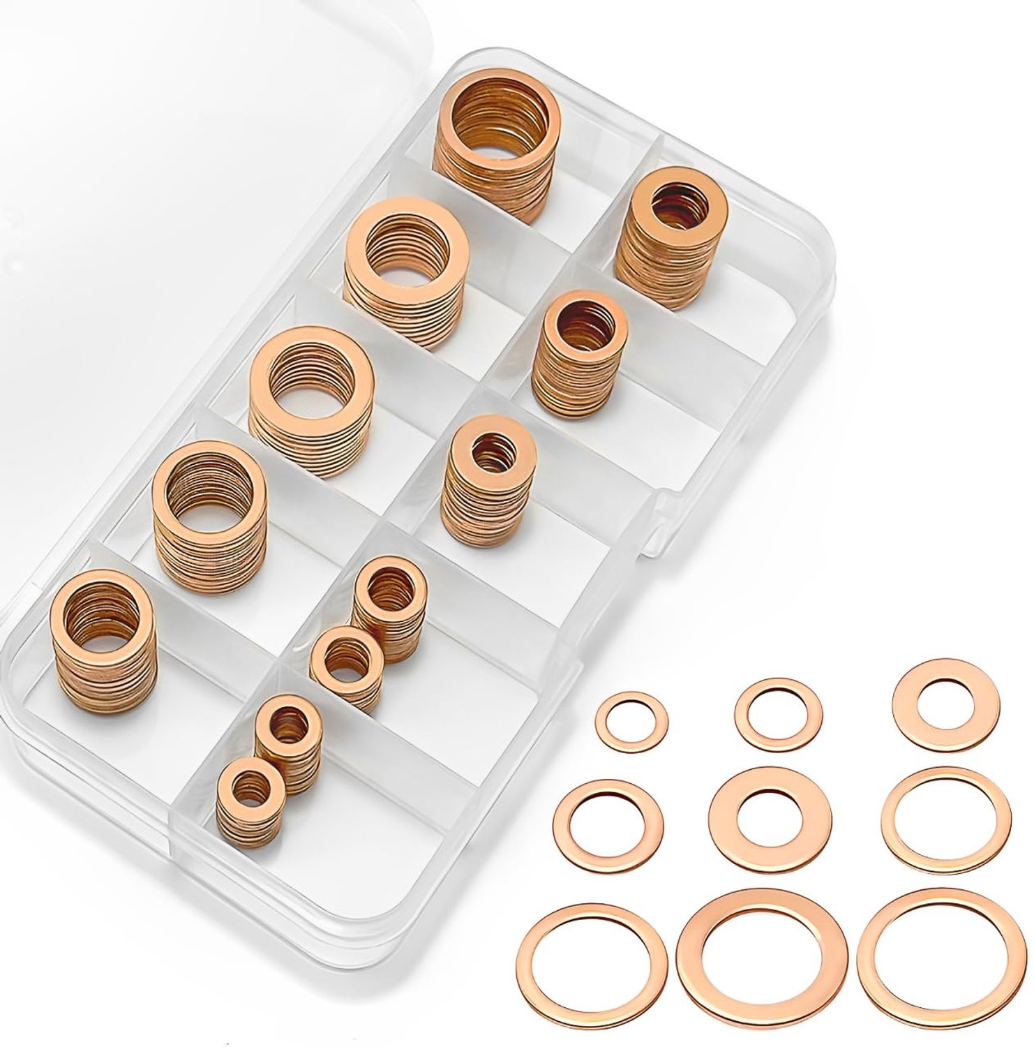 Platte sluitringen, koperen afdichtringen, olieaftapschroefafdichting, 9 maten, metrische koperen afdichtringen, assortiment kit, M5, M9, M8, M10, M12, M14