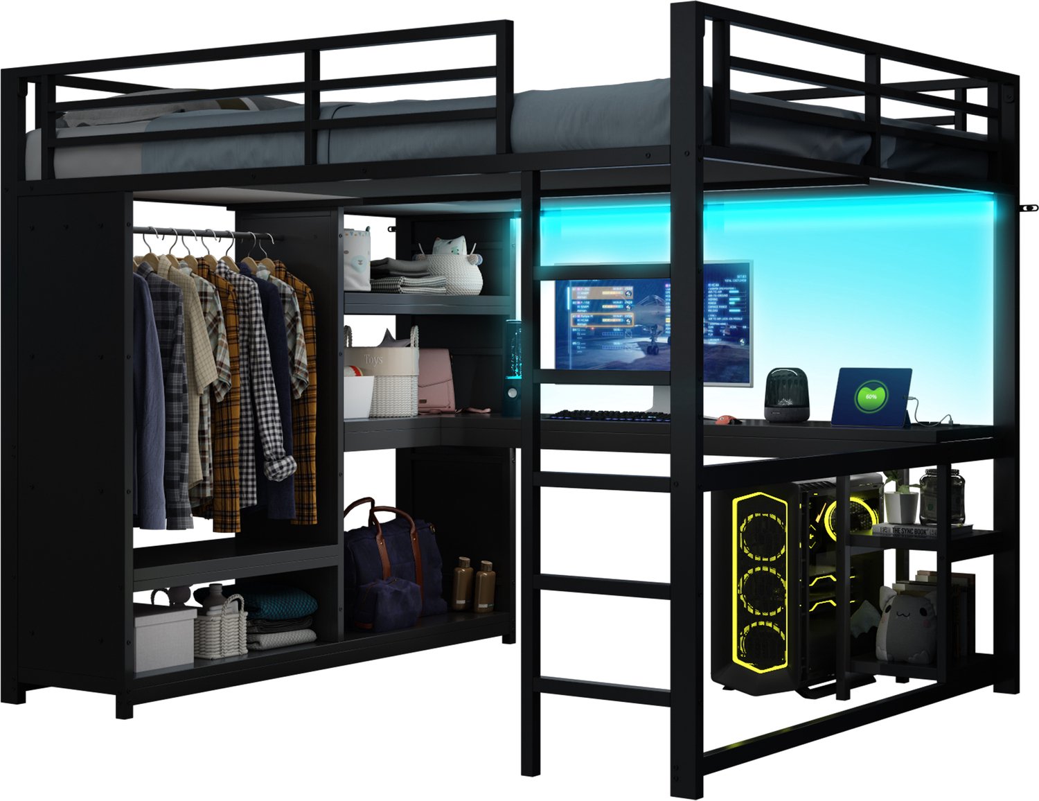MUVANO Hoogslaper 160x200 met bureau - zwart metalen frame - LED-verlichting - open kledingkast en planken - 200 kg - 180 cm hoog voor kleine kamers