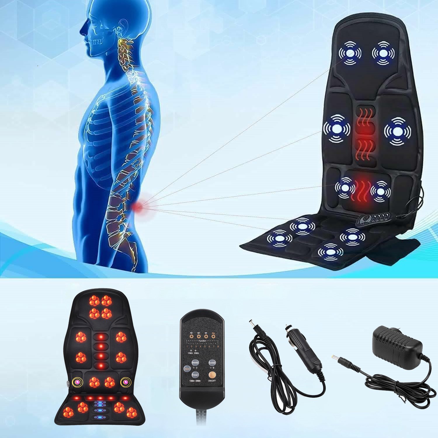 Elektrisch Massagekussen voor Auto en Stoel - Vibratiemassage - 7 Motoren - 8 Standen - 3 Intensiteitsniveaus - Warmtefunctie - Timer 15/30 Min - Voor Rug, Onderrug, Heupen en Bovenbenen – foto 3