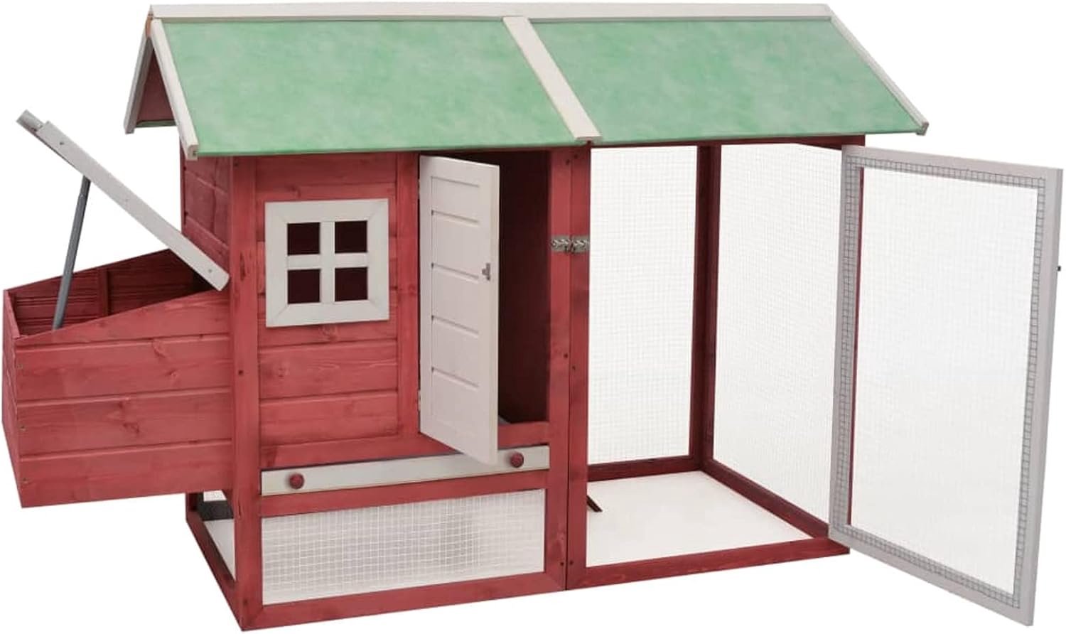Kippenhok voor buiten met slaaphuis van massief grenenhout, grijs, rood en sparrenhout, 170 x 81 x 110 cm, kooi voor kippen voor buiten, tuin, van hout, kippenhok van hout