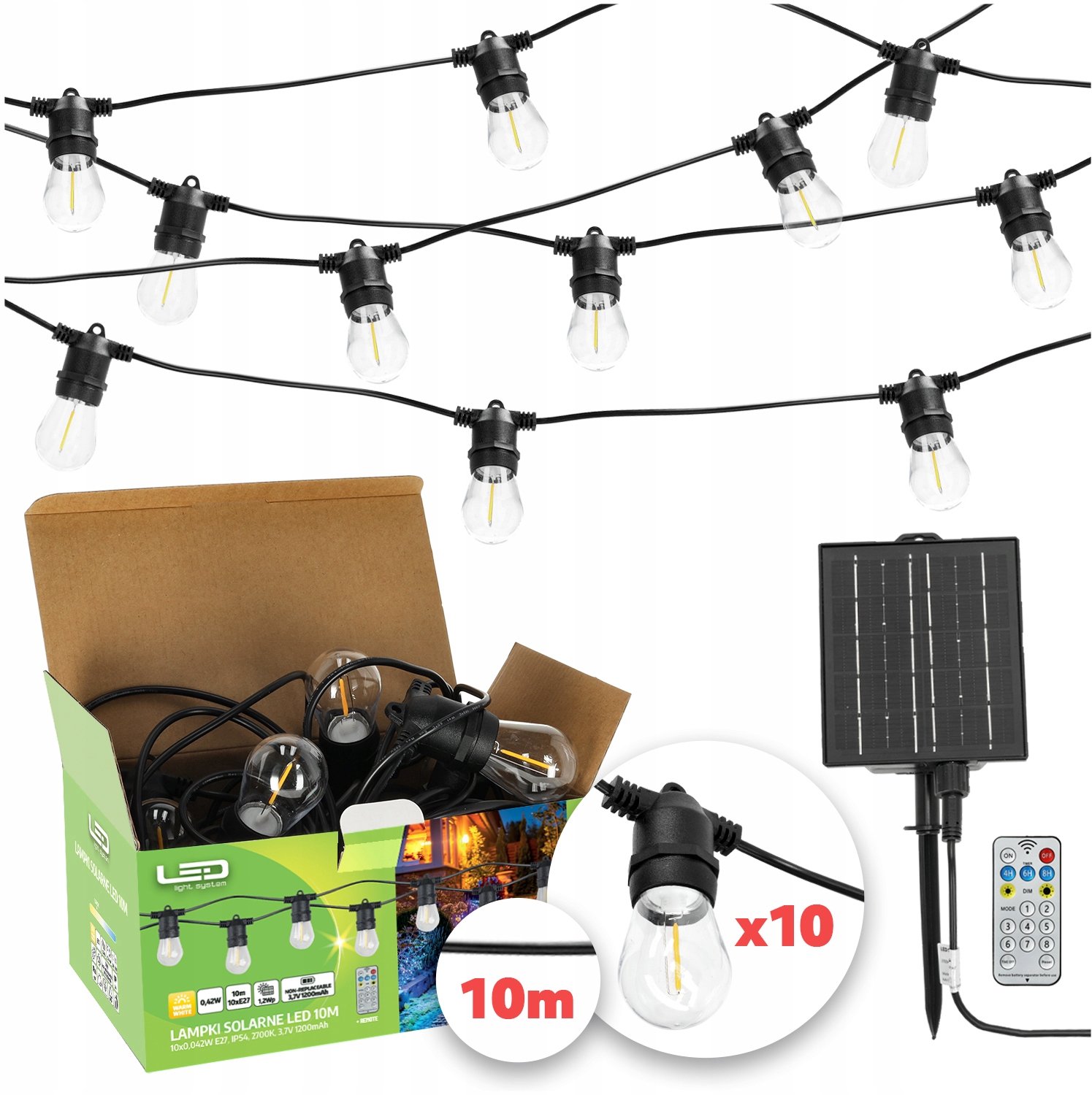 STARLIGHT NEO LED Slinger 10m, 10 E27 Lampen, Warm Wit Licht, Solar