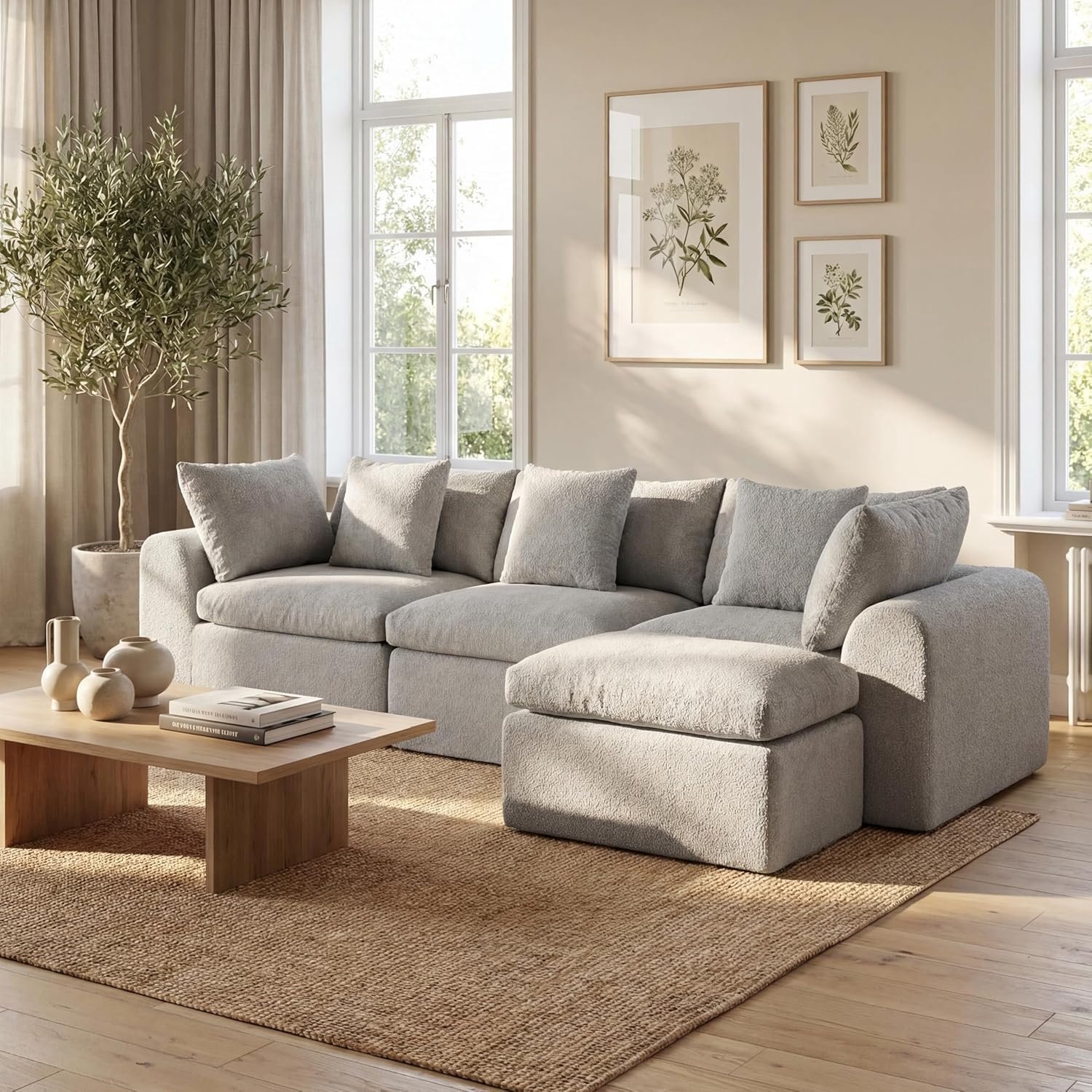 275 cm slaapbank L-vorm – Cloud-velours bank 4-zits, ultrazacht & enorm, met poef links/rechts, vrijstaand, direct bruikbaar zonder montage, luxe loungebank woonkamer (grijs)