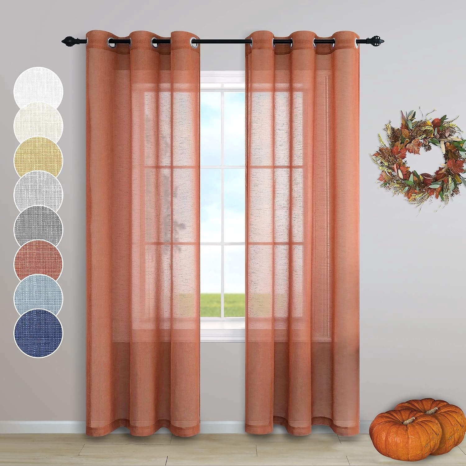 Gordijnen 95 cm breed voor woonkamer 2 panelen doorvoertule top oogje doorschijnend linnen getextureerde lange skinny kleine gordijnen voor ramen boerderij slaapkamer decor terracotta verbrand