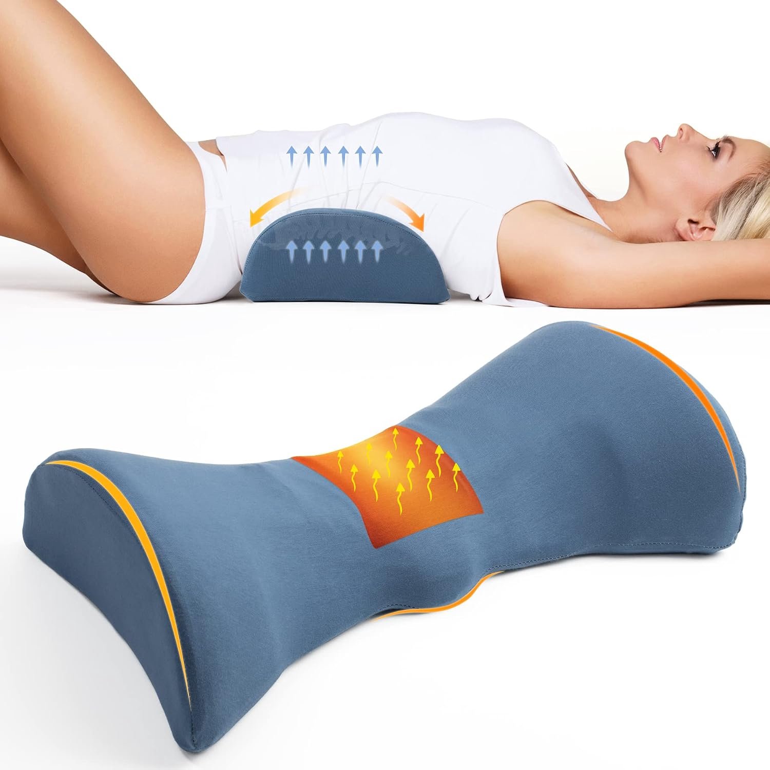 Lumbaal steunkussen om te slapen, verwarmde pijnverlichting in de onderrug met grafeen verwarming en magnetisch, traagschuim taille bedstoel (donkerblauw)