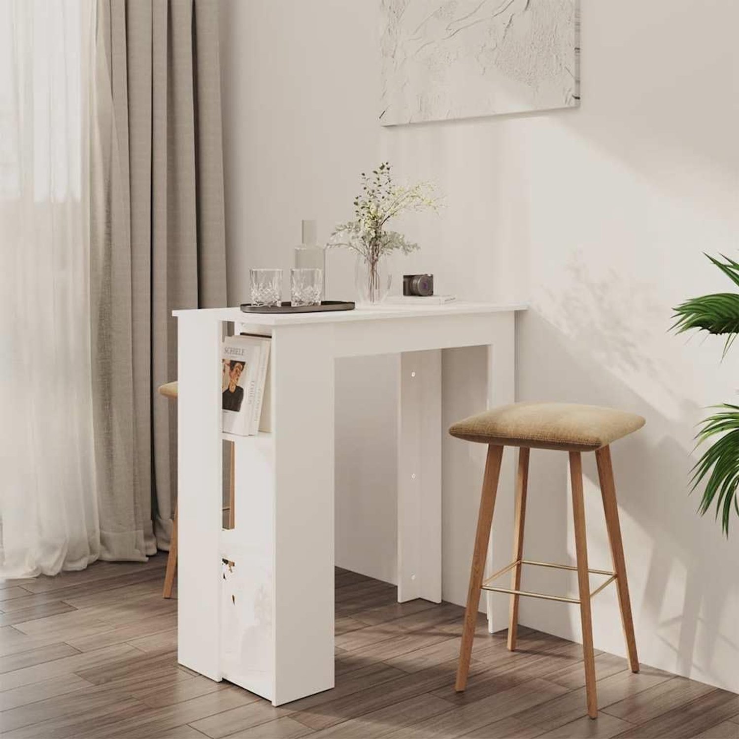 Bartafel met plank, wit, 102 x 50 x 103,5 cm, houtmateriaal, kleine tafel met 3 planken voor wijnflessen en voorwerpen, moderne statafel voor keuken en eetkamer