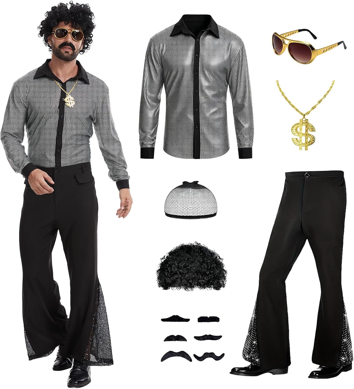 Jaren 70 disco kostuum 7 stuks fancy dress up retro heren