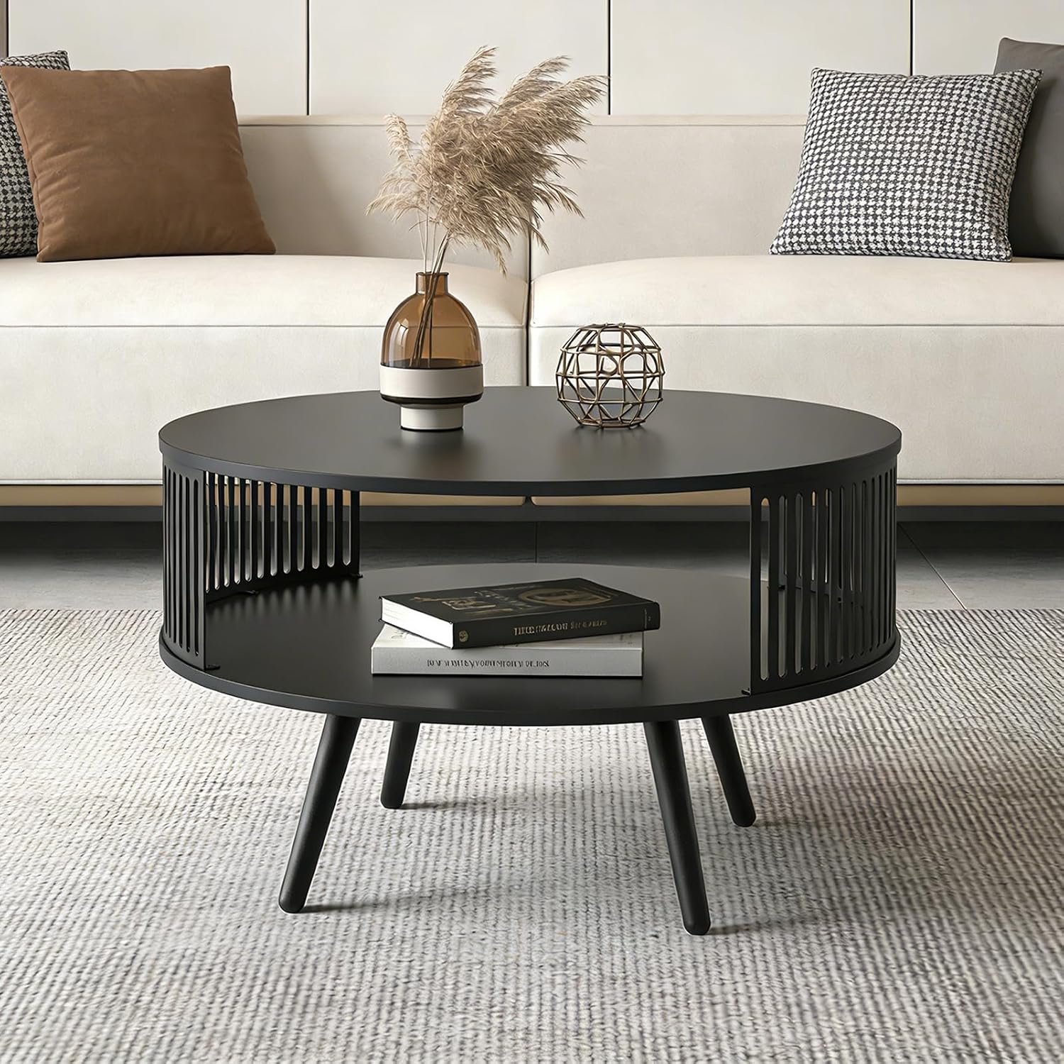 Zwart, rond, Ø 75 cm, moderne woonkamertafel met 2 niveaus,