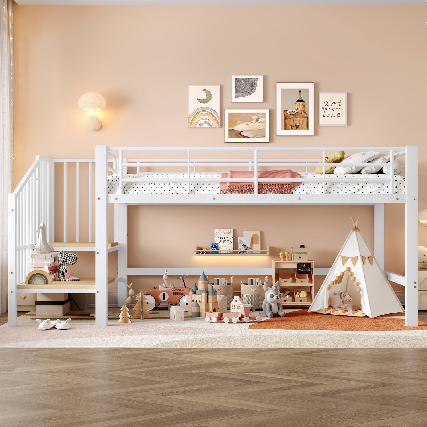 MUVANO Halfhoog bed 90x200 - hoogslaper met opbergruimte - wit metalen kinderbed - geïntegreerde opbergtreden - 79,5 cm bodemvrijheid - voor de kinderkamer
