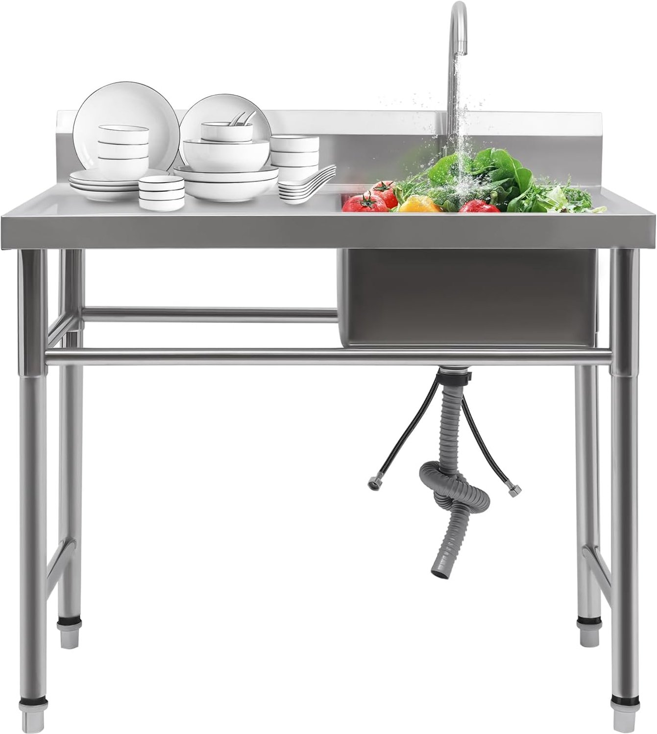 Roestvrijstalen spoelbakset, gootsteen met werkbank en afvoerpijp voor commerciële keuken, indoor outdoor camping, spoelbak, 200 kg draagvermogen, instelbare hoogte, zilver, rechthoekig