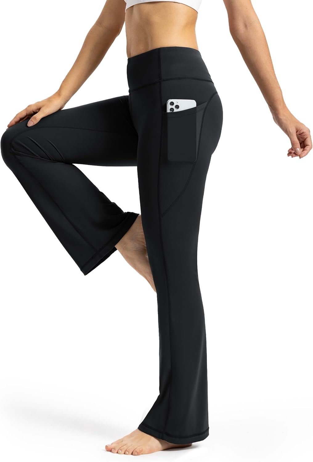 Bootcut yogabroek voor dames, 66 cm/71 cm, binnenbeenlengte, hoge taille, work-out, flare legging met zakken