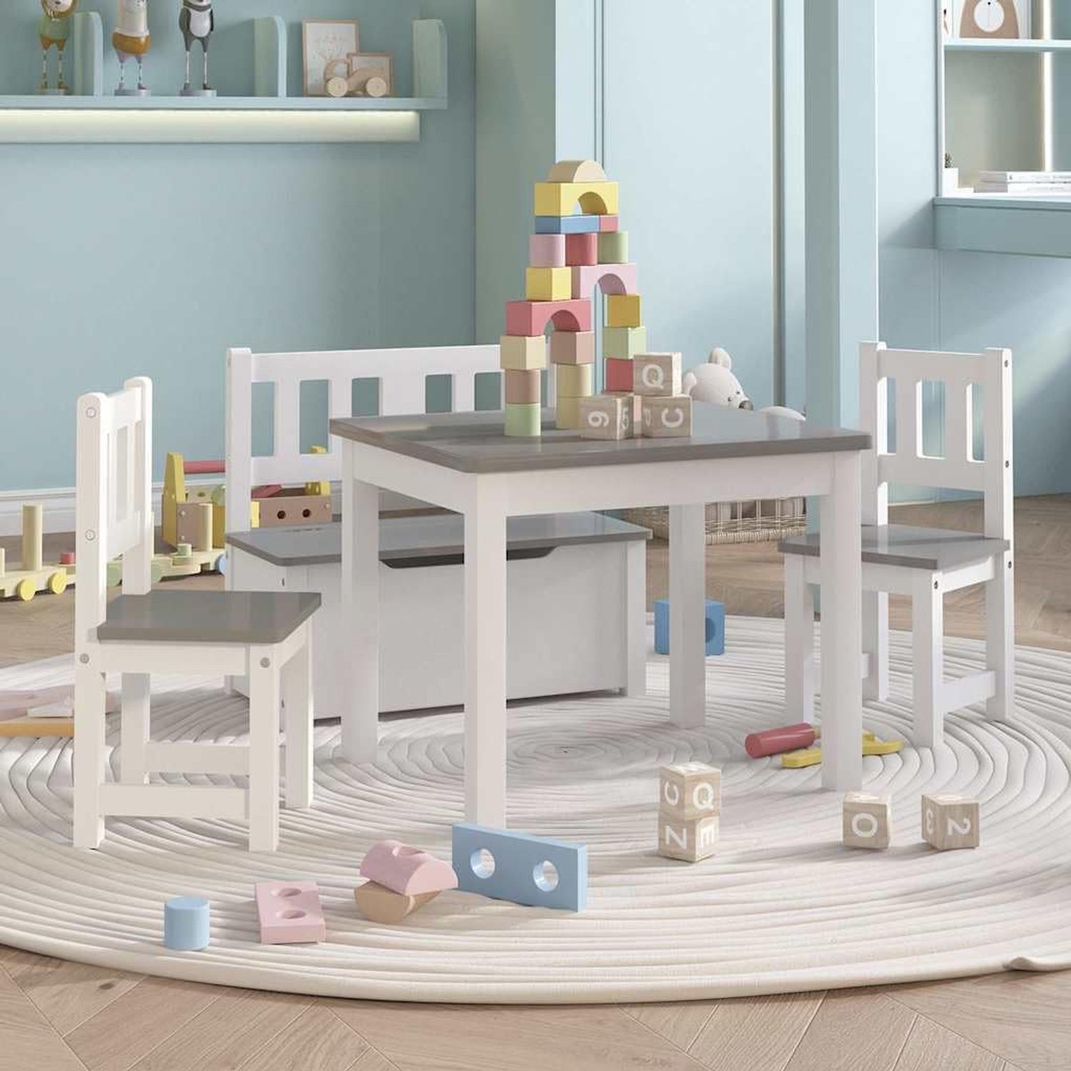 4-delige kinderzitgroep, tafel 2 stoelen kistbank, MDF grijs