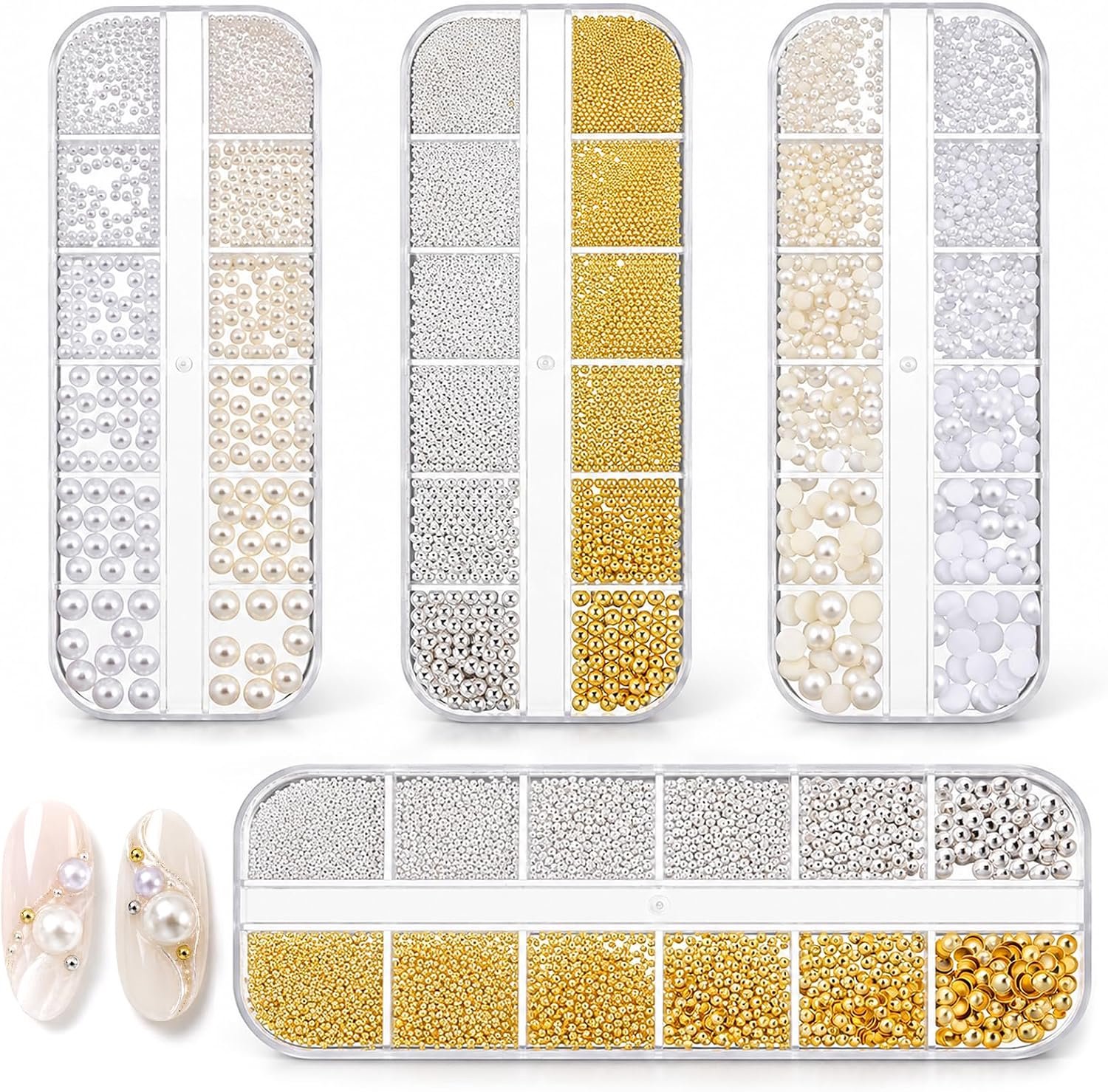 4 dozen nagelbedels, parels voor nagels, wit, goud, zilver