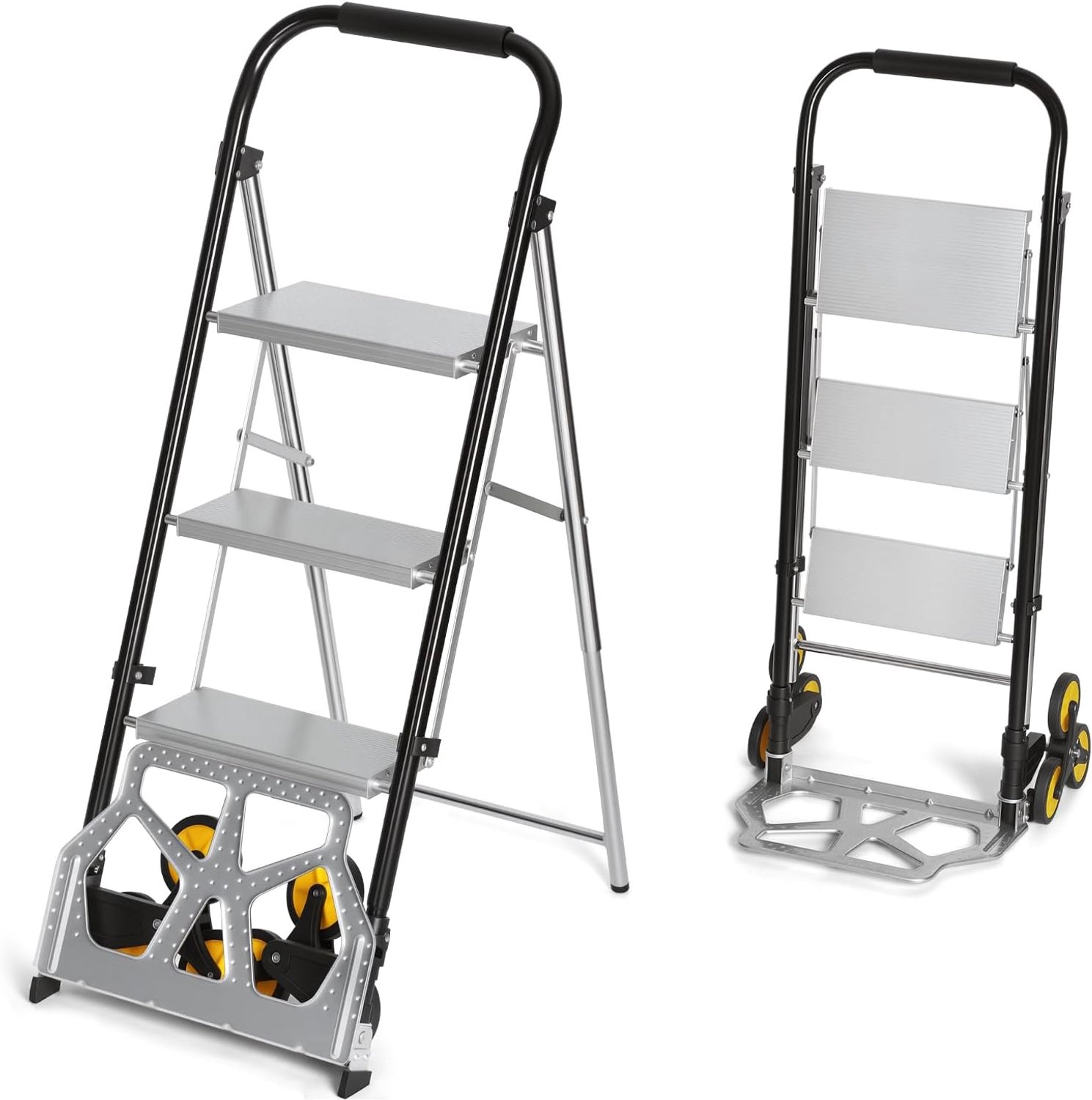 2-in-1 trapsteekwagen met ladder, 3 treden, inklapbaar