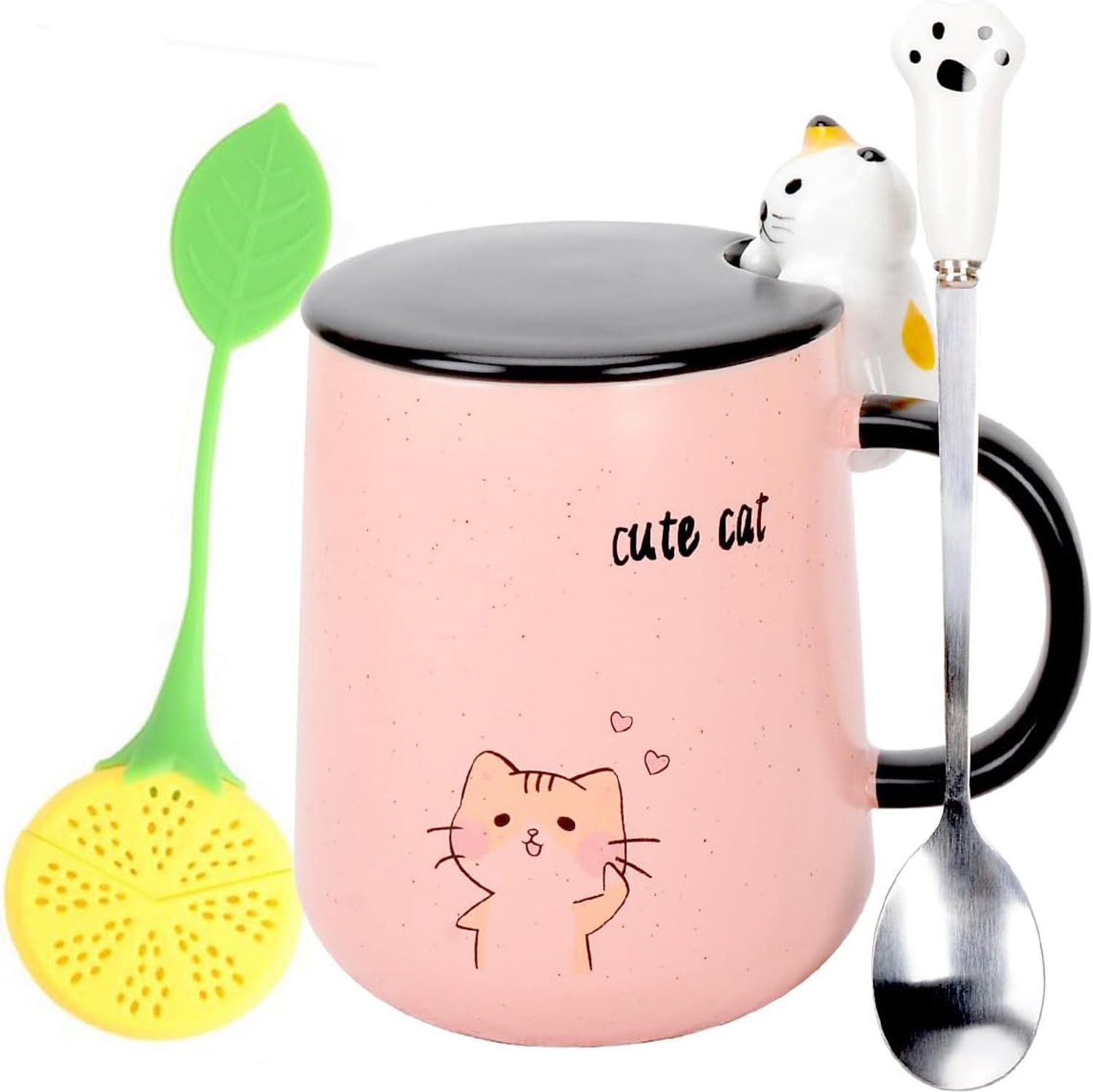 Koffiekopjes van keramiek, schattige theeglazen, met deksel, lepel, kitty, melkkoffiemok voor verjaardag, meisjes en vrouwen, kerstbeker, cadeau, 400 ml