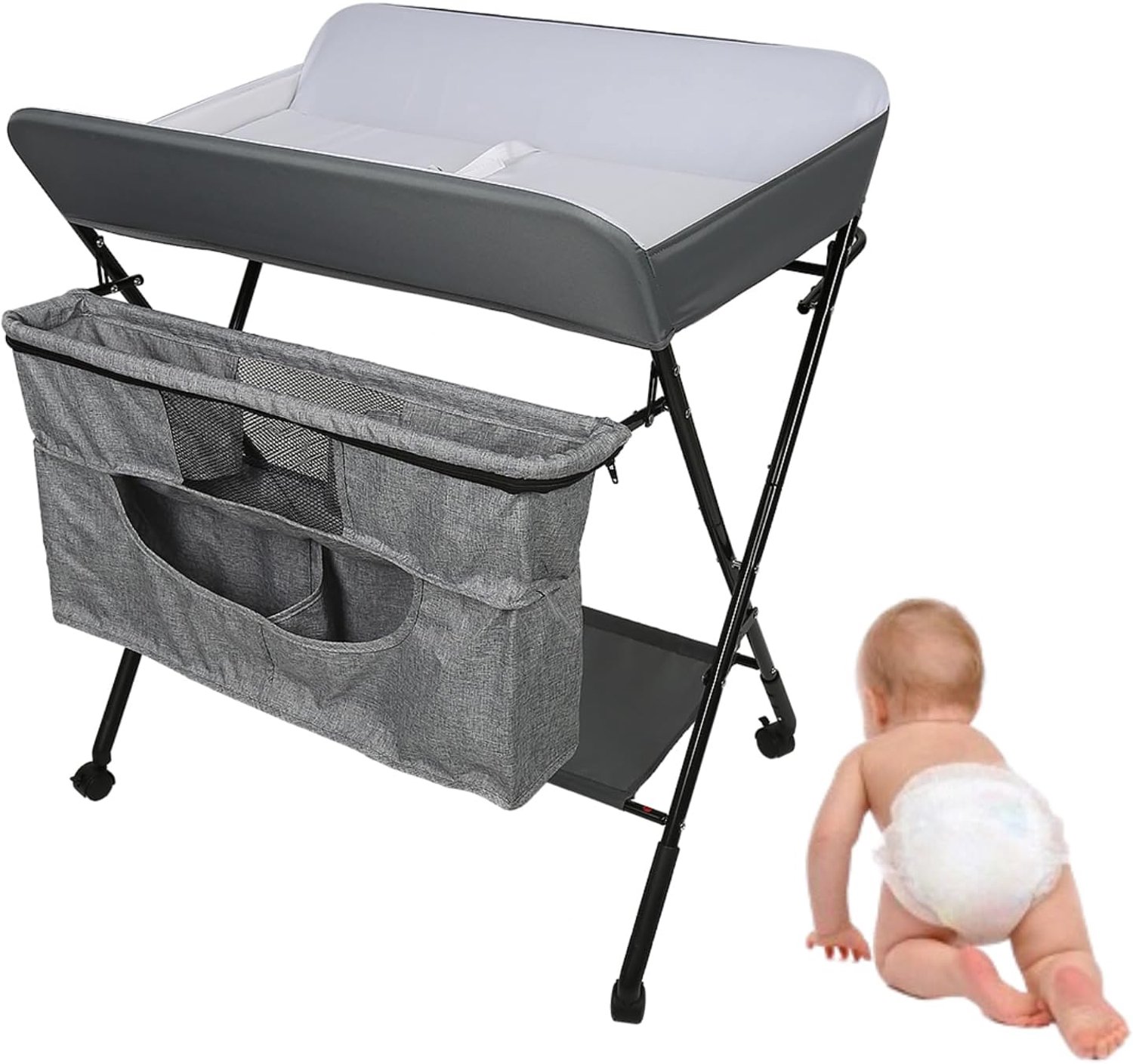 Inklapbaar, afneembare luiertafel met uil en opbergmand, draagbaar, in hoogte verstelbaar, voor baby's, 80 x 66 x 98 cm (grijs, 80 x 63 x 99 cm)