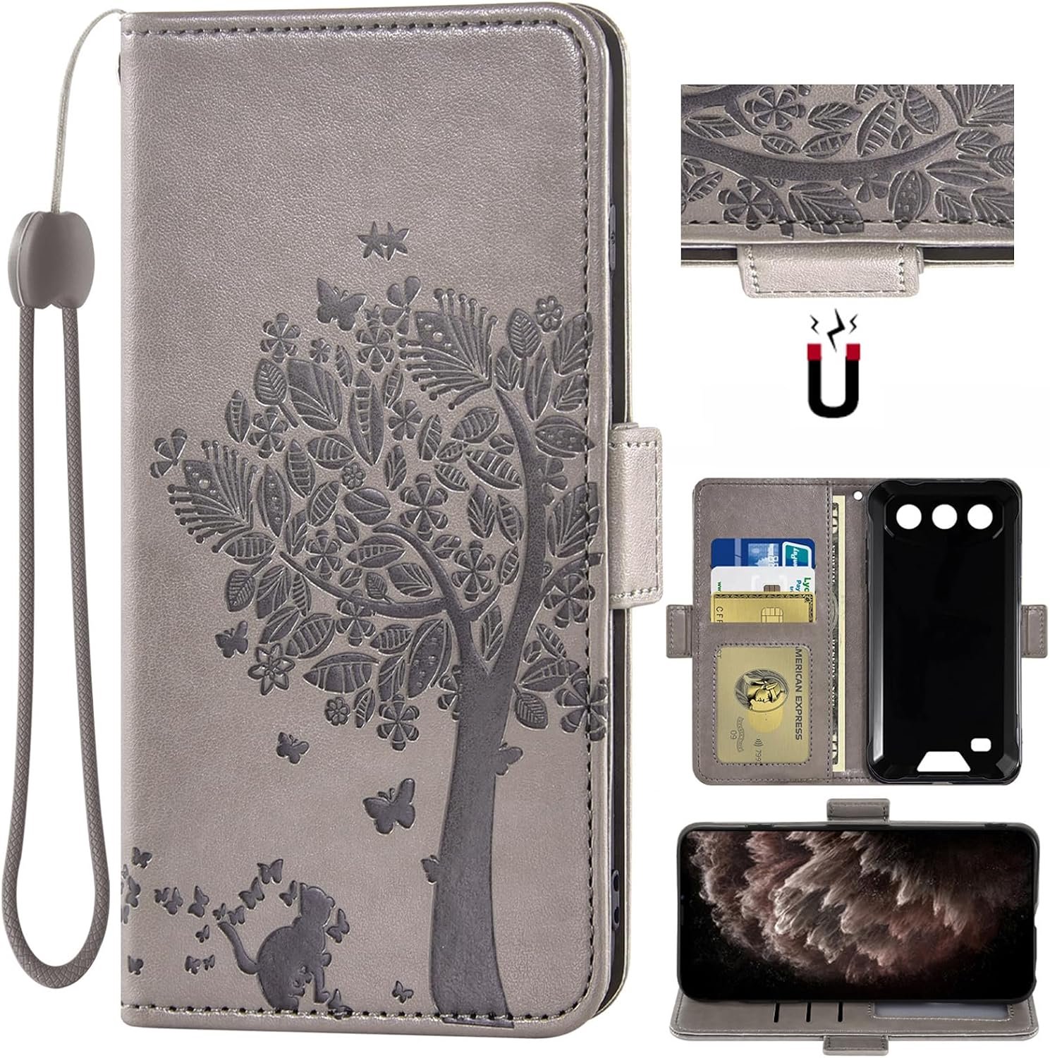 Lederen flip met camerabescherming portefeuille mobiele telefoon lederen hoes cover tasje case hoes etui voor OUKITEL G3 (2025) smartphone (grijs met boompatroon)