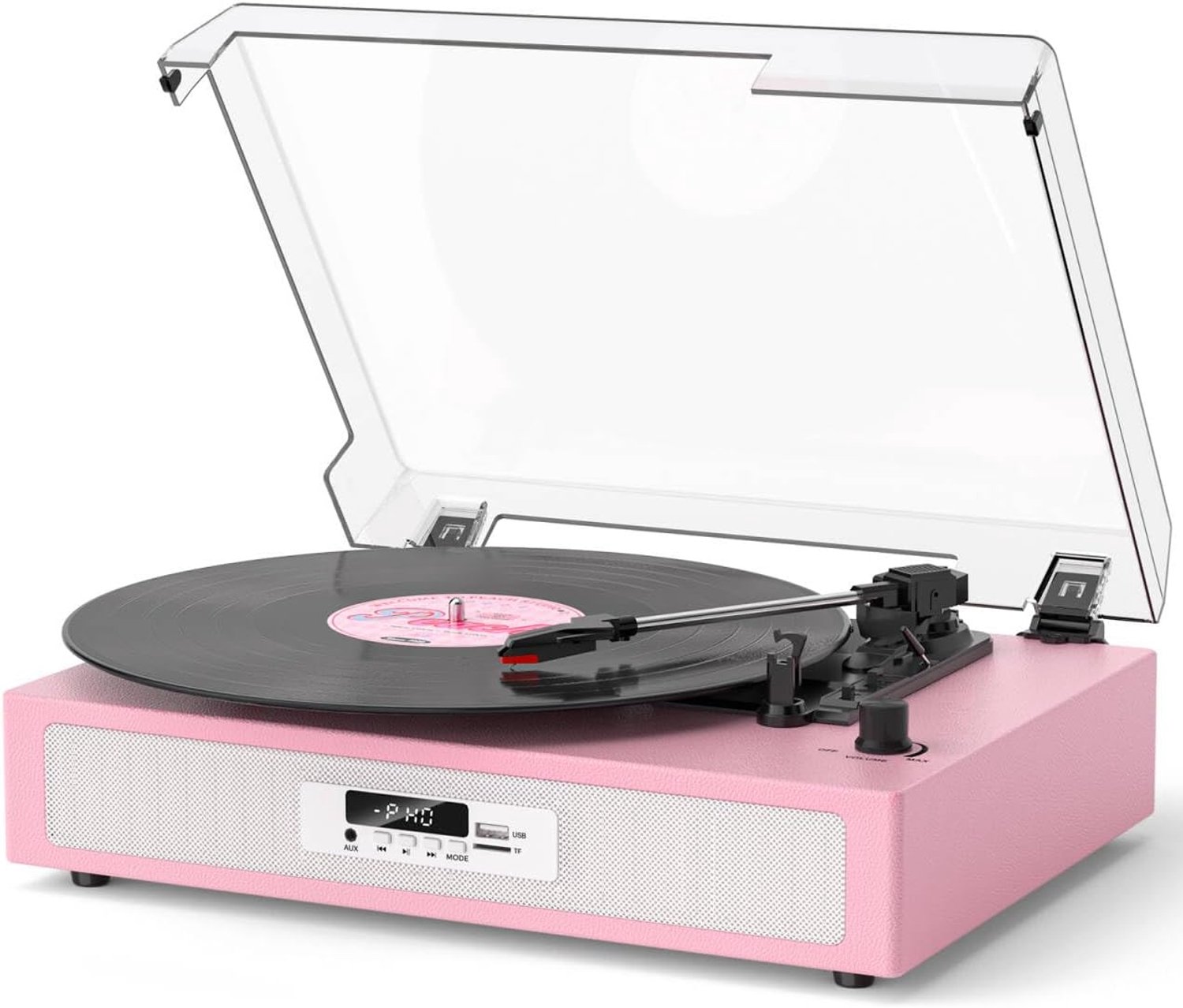 Vinylplatenspeler met ingebouwde dubbele stereoluidsprekers, vintage draaitafel met 3 snelheden, Bluetooth-platenspeler met EQ-geluidsmodi, USB/TF-opname en -weergave, LED-display, RCA- en