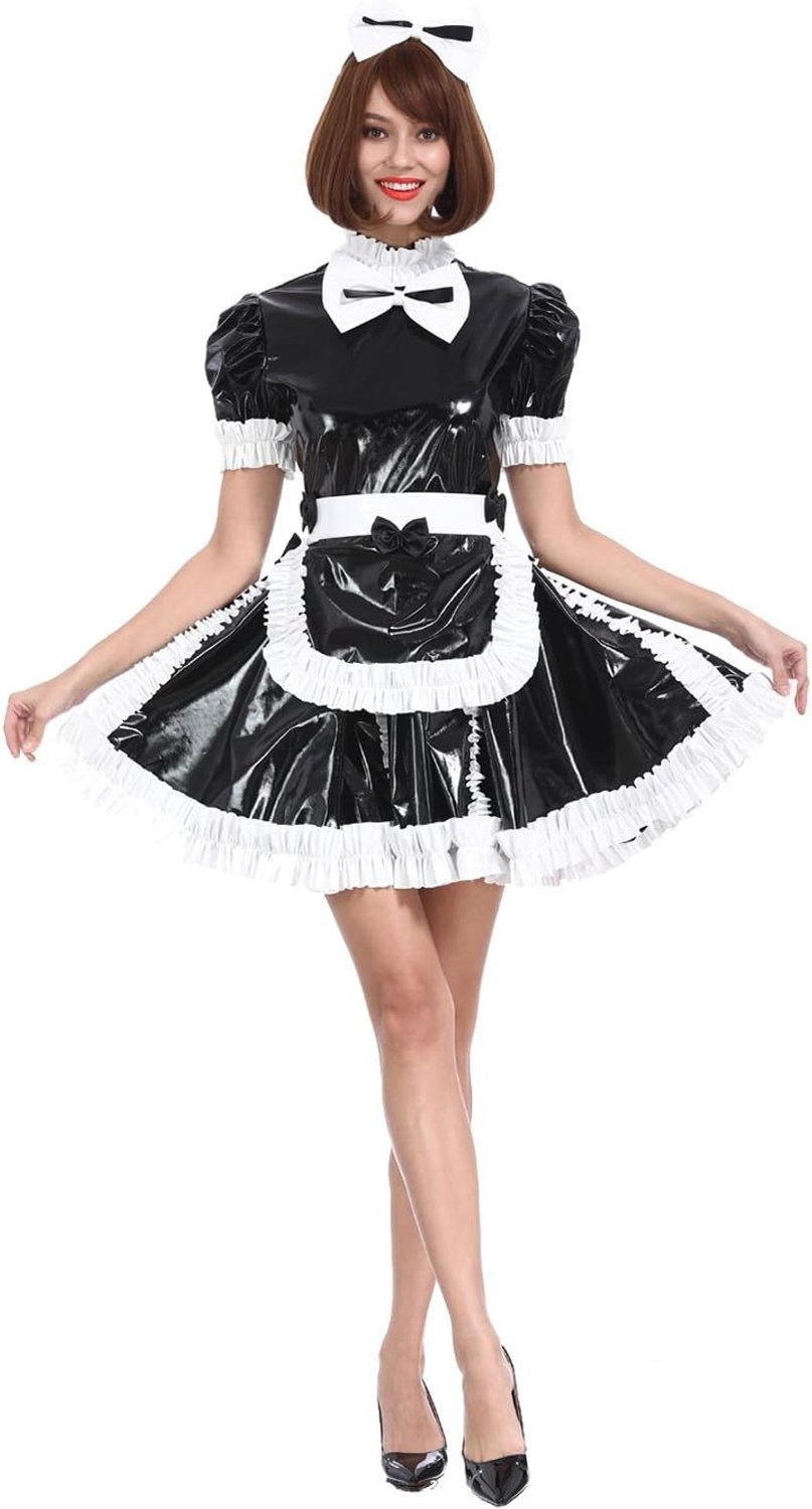 Franse Meid Mooie Strik Afsluitbare PVC Zwarte Jurk Crossdress