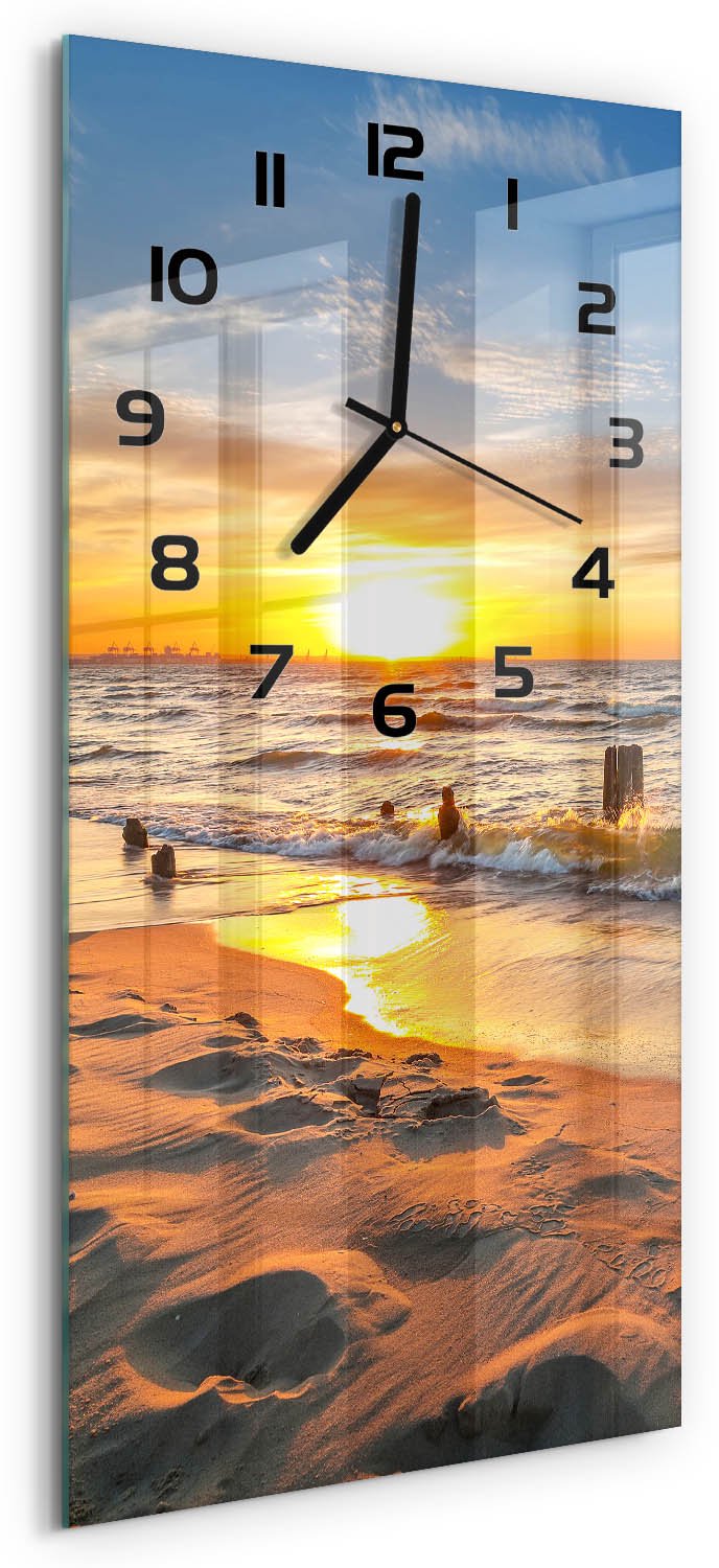 Tulup Wandklok - Zonsondergang Zee Gekleurde Glazen Klok - 30x60 cm - Geel Glazen Klok Met Print - Zwarte handen - Rechthoekige Klok - Moderne Wandklok Glas - Wandklok Glas Decoratie