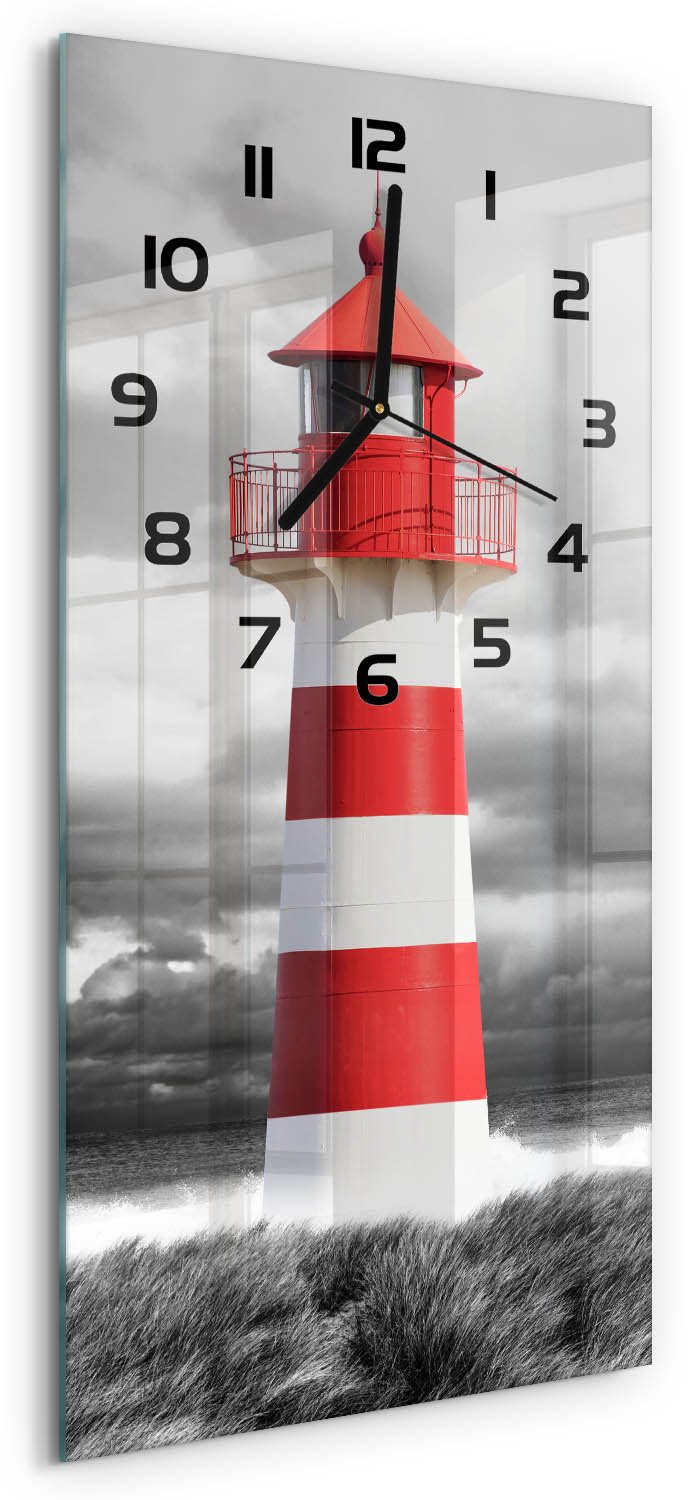 Tulup Wandklok - Vuurtoren Gekleurde Glazen Klok - 30x60 cm - Rood Glazen Klok Met Print - Zwarte handen - Rechthoekige Klok - Moderne Wandklok Glas - Wandklok Glas Decoratie