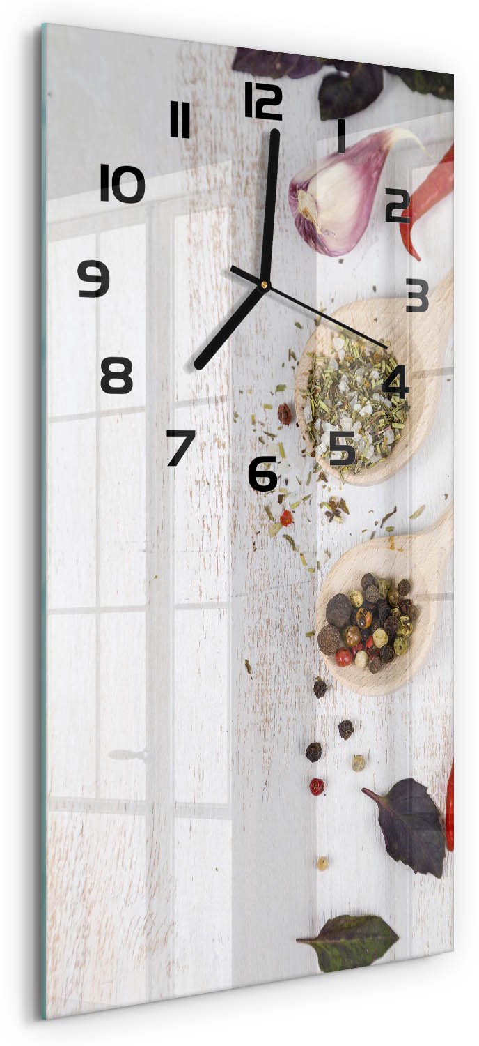 Tulup Wandklok - Groenten en specerijen Moderne Wandklok Glas - 30x60 cm - Rood Wandklok Glas Decoratie - Zwarte handen - Rechthoekige Klok - Glazen Wandklok Design - Klok Glas Met Opdruk
