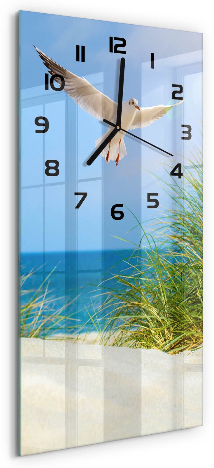 Tulup Wandklok - Meeuw boven de duinen Wandklok Glas Met Motief - 30x60 cm - Blauw Decoratieve Glazen Klok - Zwarte handen - Rechthoekige Klok - Gekleurde Glazen Klok - Glazen Klok Met Print