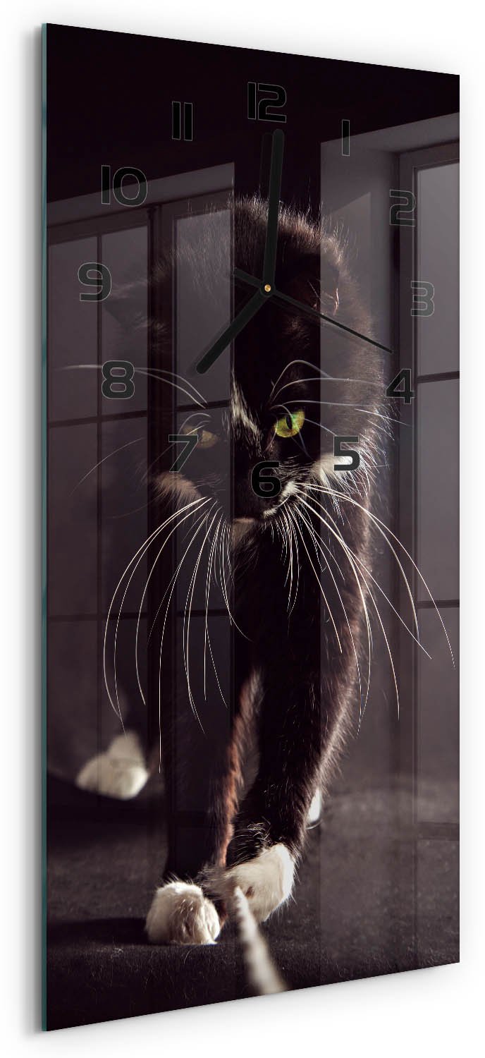 Tulup Wandklok - Zwarte kat Moderne Wandklok Glas - 30x60 cm - Zwart Wandklok Glas Decoratie - Zwarte handen - Rechthoekige Klok - Glazen Wandklok Design - Klok Glas Met Opdruk