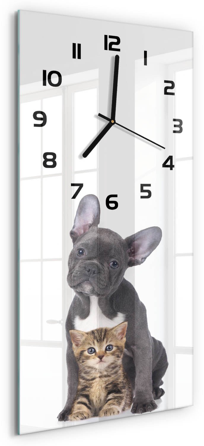 Tulup Wandklok - Hond en kat Decoratieve Glazen Klok - 30x60 cm - Zwart Glazen Wandklok Design - Zwarte handen - Rechthoekige Klok - Glazen Klok Met Print - Wandklok Glas Met Motief