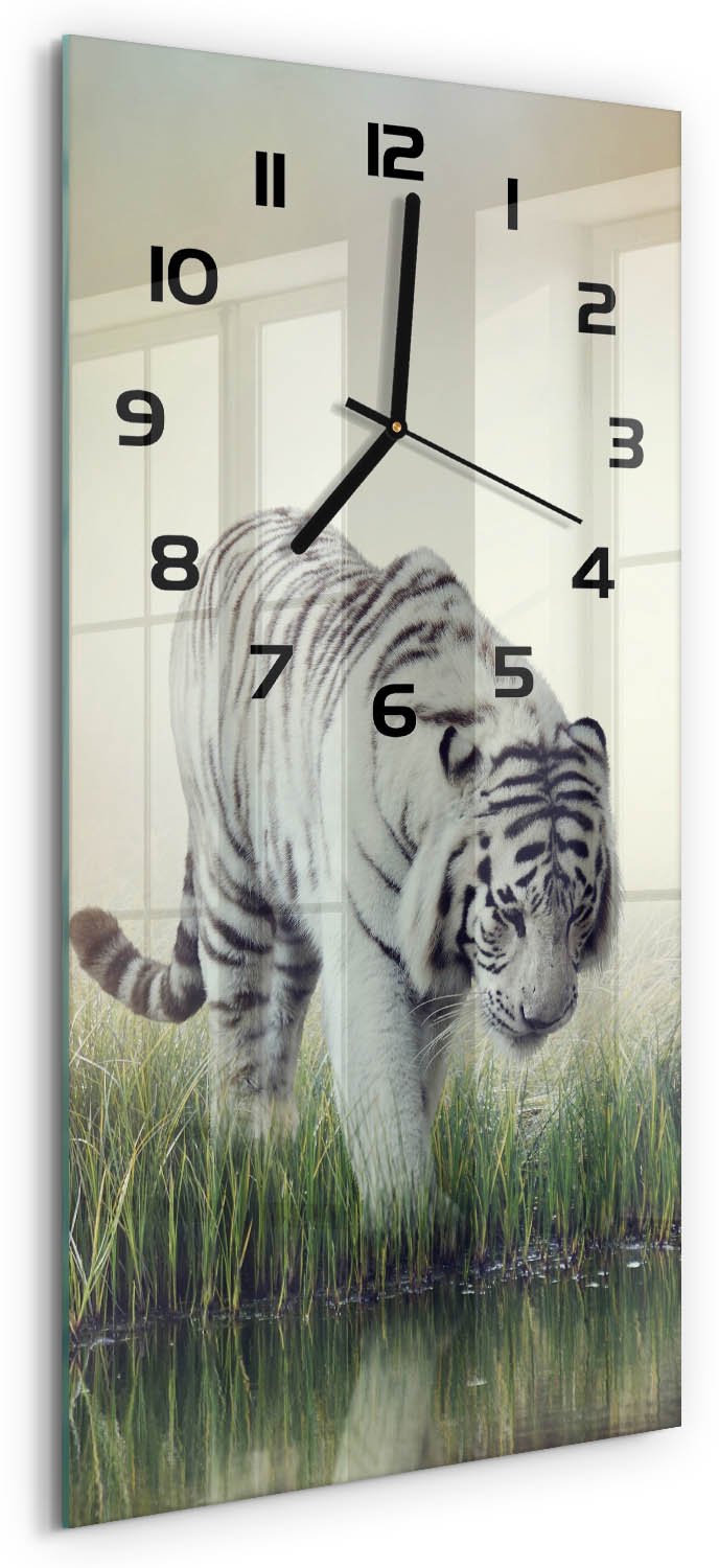 Tulup Wandklok - Witte Tijger Moderne Wandklok Glas - 30x60 cm - Wit Wandklok Glas Decoratie - Zwarte handen - Rechthoekige Klok - Glazen Wandklok Design - Klok Glas Met Opdruk
