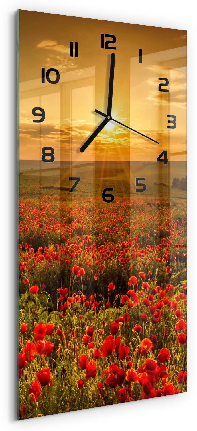 Tulup Wandklok - Klaproosveld Gekleurde Glazen Klok - 30x60 cm - Rood Glazen Klok Met Print - Zwarte handen - Rechthoekige Klok - Moderne Wandklok Glas - Wandklok Glas Decoratie