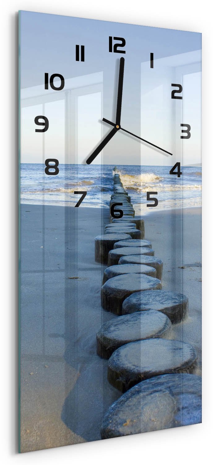 Tulup Wandklok - Golfbreker Klok Glas Met Opdruk - 30x60 cm - Blauw Moderne Wandklok Glas - Zwarte handen - Rechthoekige Klok - Decoratieve Glazen Klok - Glazen Wandklok Design