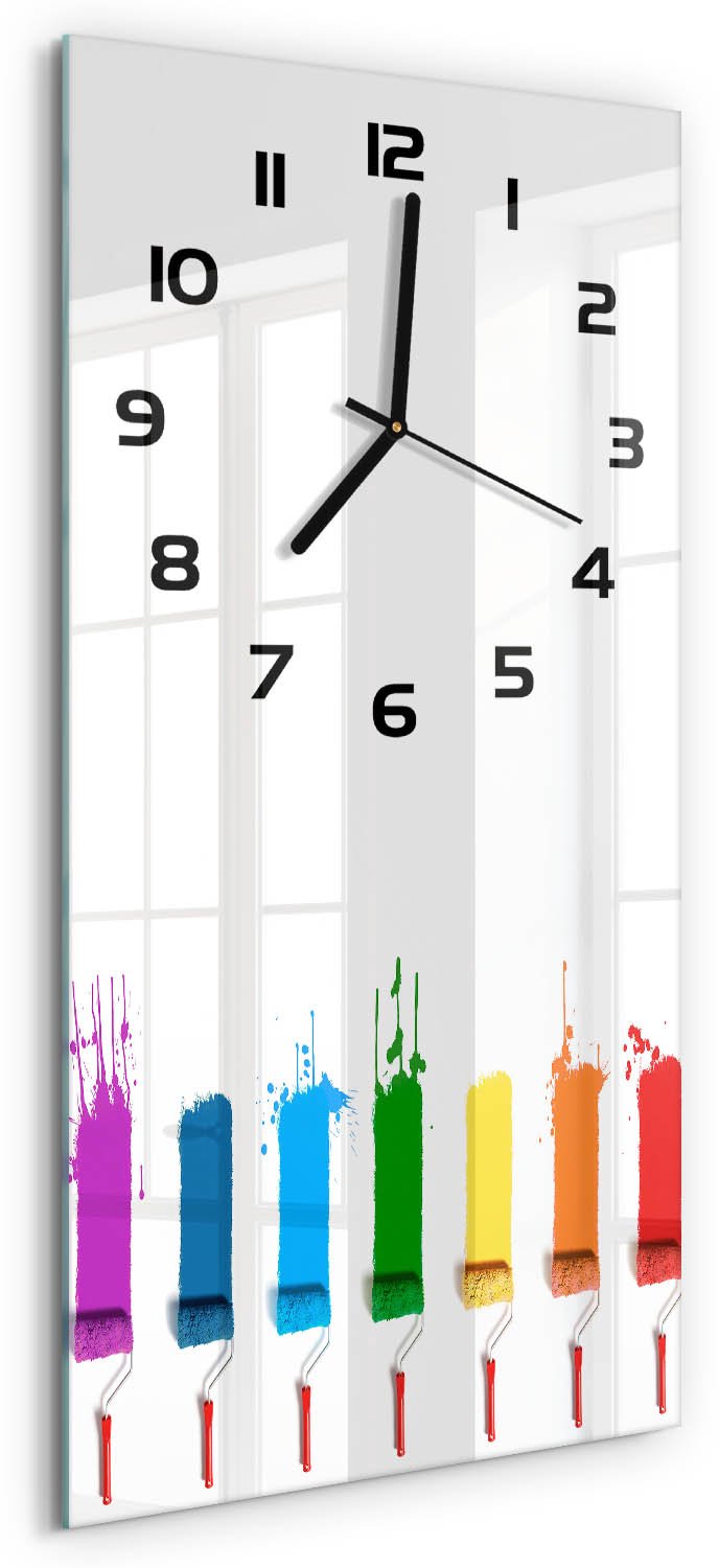 Tulup Wandklok - Verfrollers Wandklok Glas Decoratie - 30x60 cm - Veelkleurig Gekleurde Glazen Klok - Zwarte handen - Rechthoekige Klok - Klok Glas Met Opdruk - Moderne Wandklok Glas